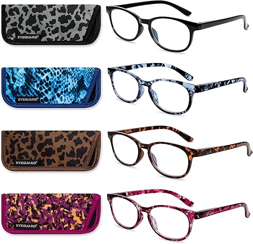 EYEGUARD Gafas de lectura con luz azul, paquete de 4 lectores de bisagra de resorte de moda para mujer