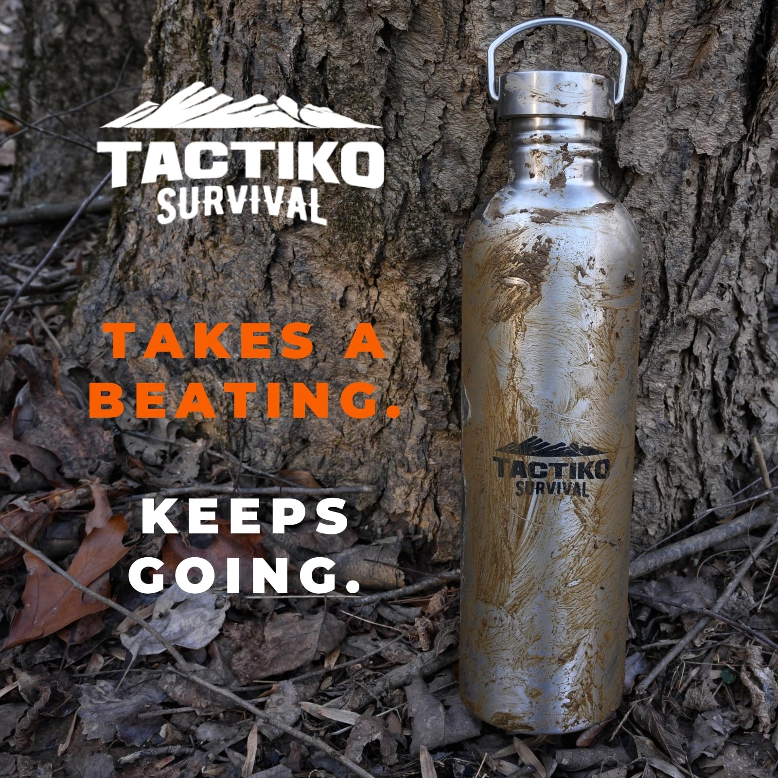 Tactiko Survival 1,445.8 g/1500ml Edelstahl Weithals-Trinkflasche, einwandig, kochfest, auslaufsicher, BPA-frei, mit Tragetasche und Gurt für Camping, Wandern, Outdoor-Vorbereitung (Schwarz)