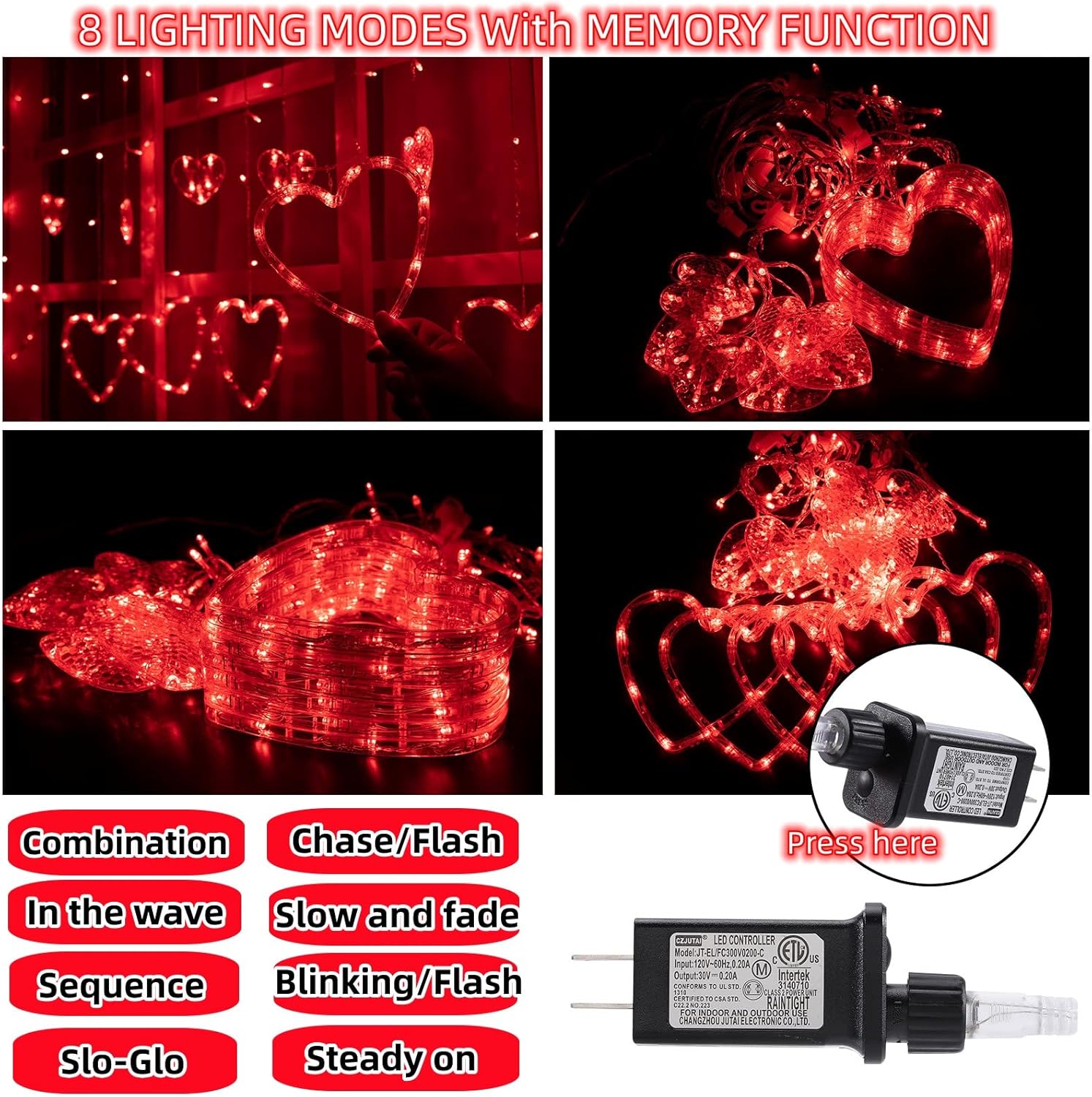 Efunly Valentines Day Decor Lights,138 LED 12-Heart-Shaped String Lights Waterproof,8 Modes Connetable 29V Plug in Curtain Lights for Kids Bedroom Wedding Party Valentines Day Decoration (Red)