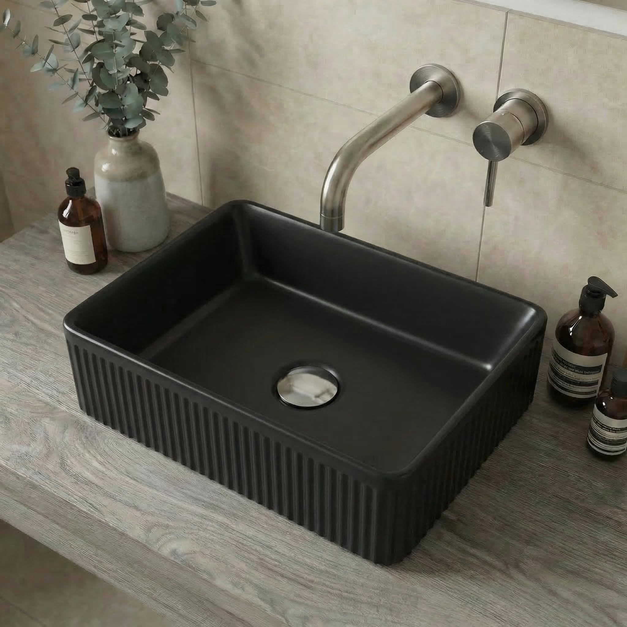 BAYSTONE® Fluted Countertop Basin for Bathroom and Cloakroom Hand Wash Basins Sink Modern Matt Black Rectangular, 503 x 365mm
