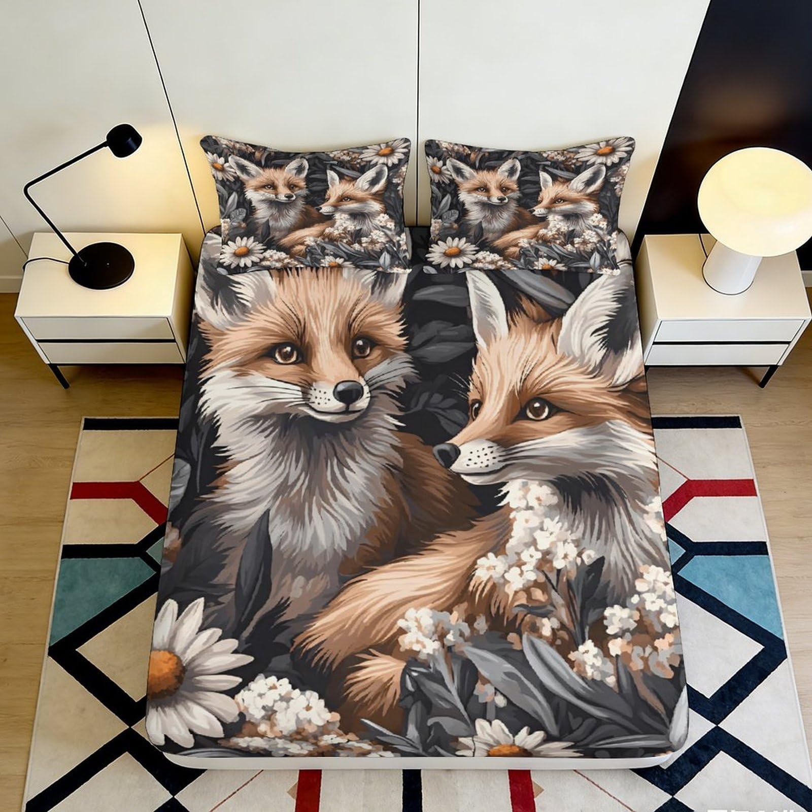 Uynsixtme Style-6 3D Printed Fox Floral Fitted Sheet Microfiber Non-Slip Deep Pocket Fox Mattress Fitted Cover Washable Bedroom Bedding Home 90X200x25cm