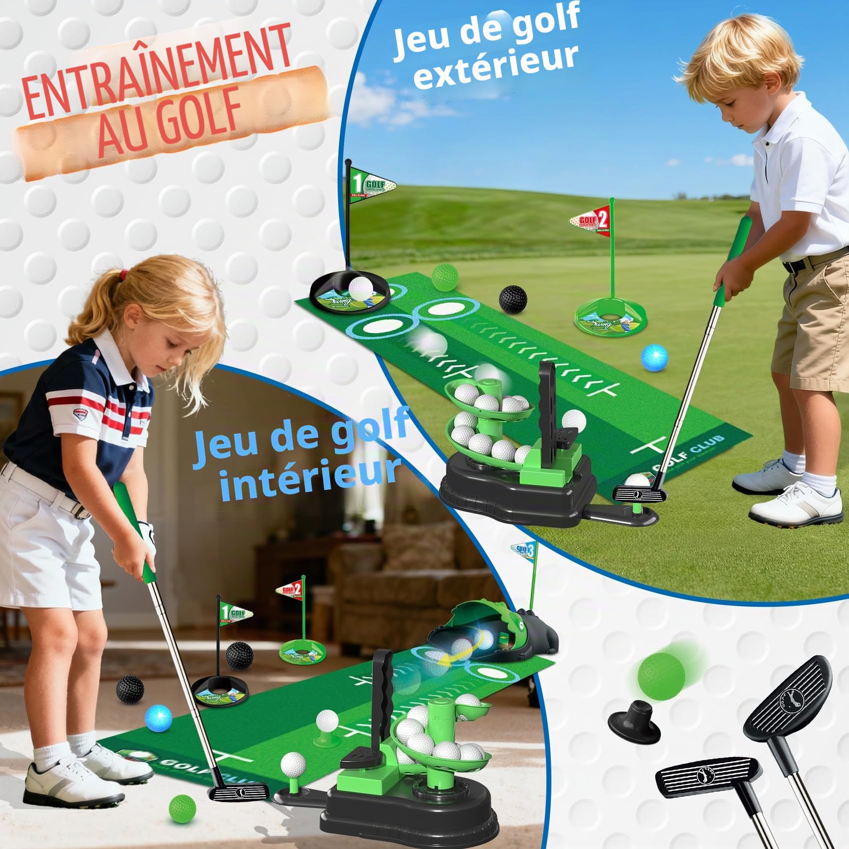 TERRAMUS Ensemble de Golf 3 en 1 pour Enfants, Jouet de Golf avec Lanceur de balles Automatique Dinosaure et balles Lumineuses LED, Mini-Golf intérieur/extérieur, pour garçons et Filles