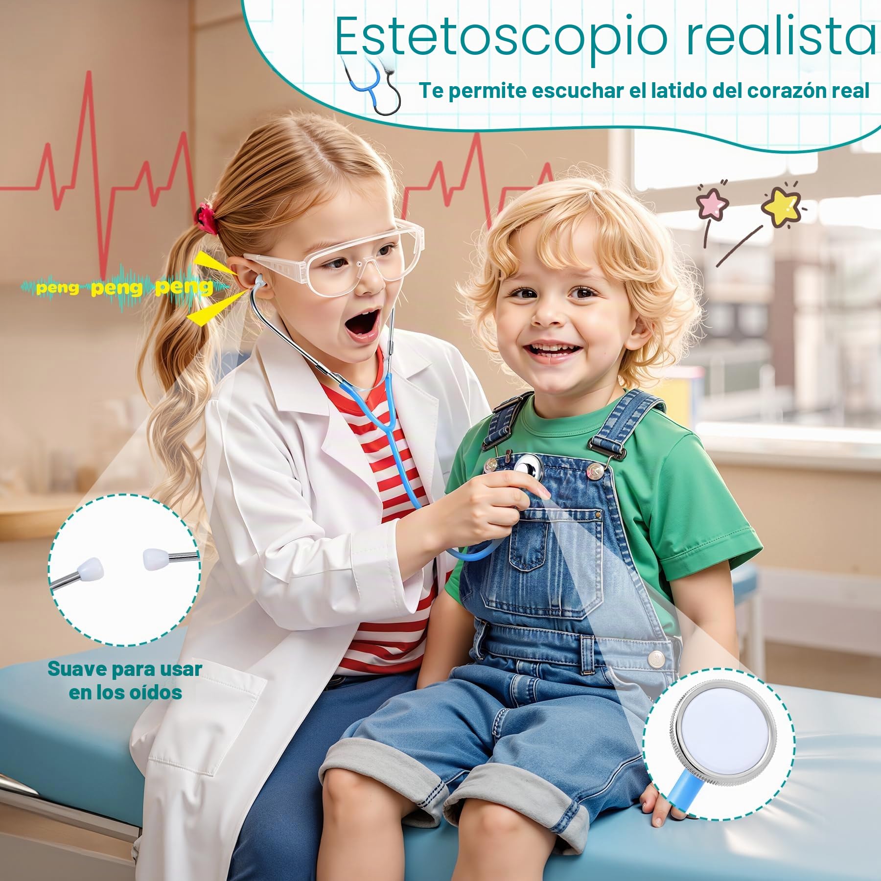 Maletín Médico de Madera con Estetoscopio Real, Bata y Gorro - Kit Doctor 32 Piezas - Juguete Educativo de rol para Niños 3 4 5 6 7 8 9 10 Años Regalo para Cumpleaños/Navidad