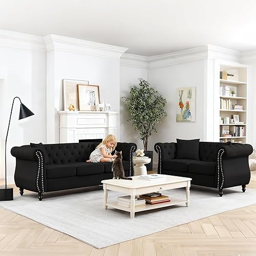 Sofá para sala de estar, juego de 2 sofás de terciopelo Chesterfield de 80 pulgadas, 3 plazas y 59 pulgadas, moderno sofá de mediados de siglo con 4