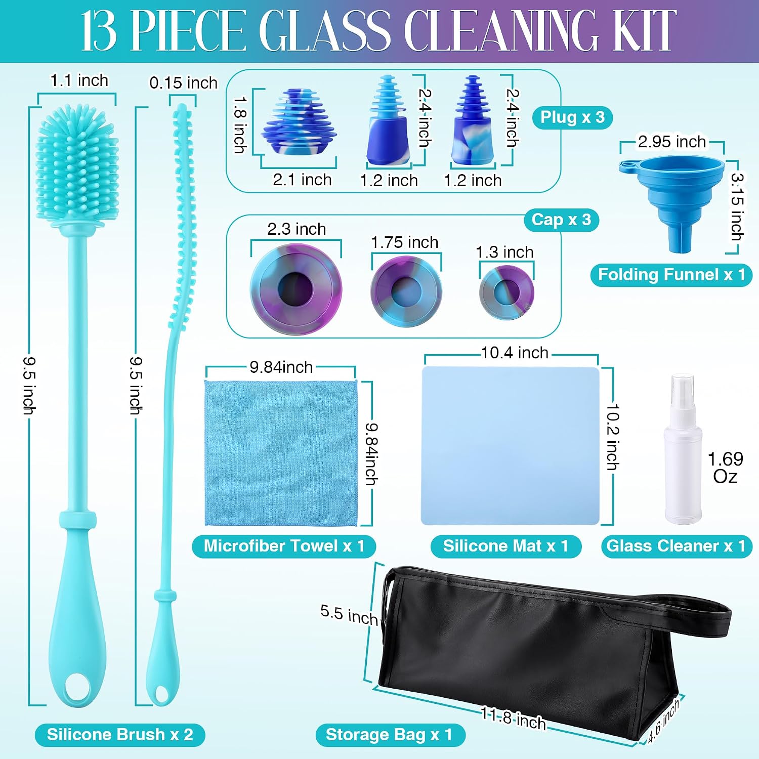 Enhon 13 Piece Glass Cleaning Kit, Reusable Silicone Glass Cleaner Set with Bottle Brushes, Cleaning Plugs & Caps, Folding Funnel, Dry Mat, Towel and Storage Bag, Effortless Washing Solution