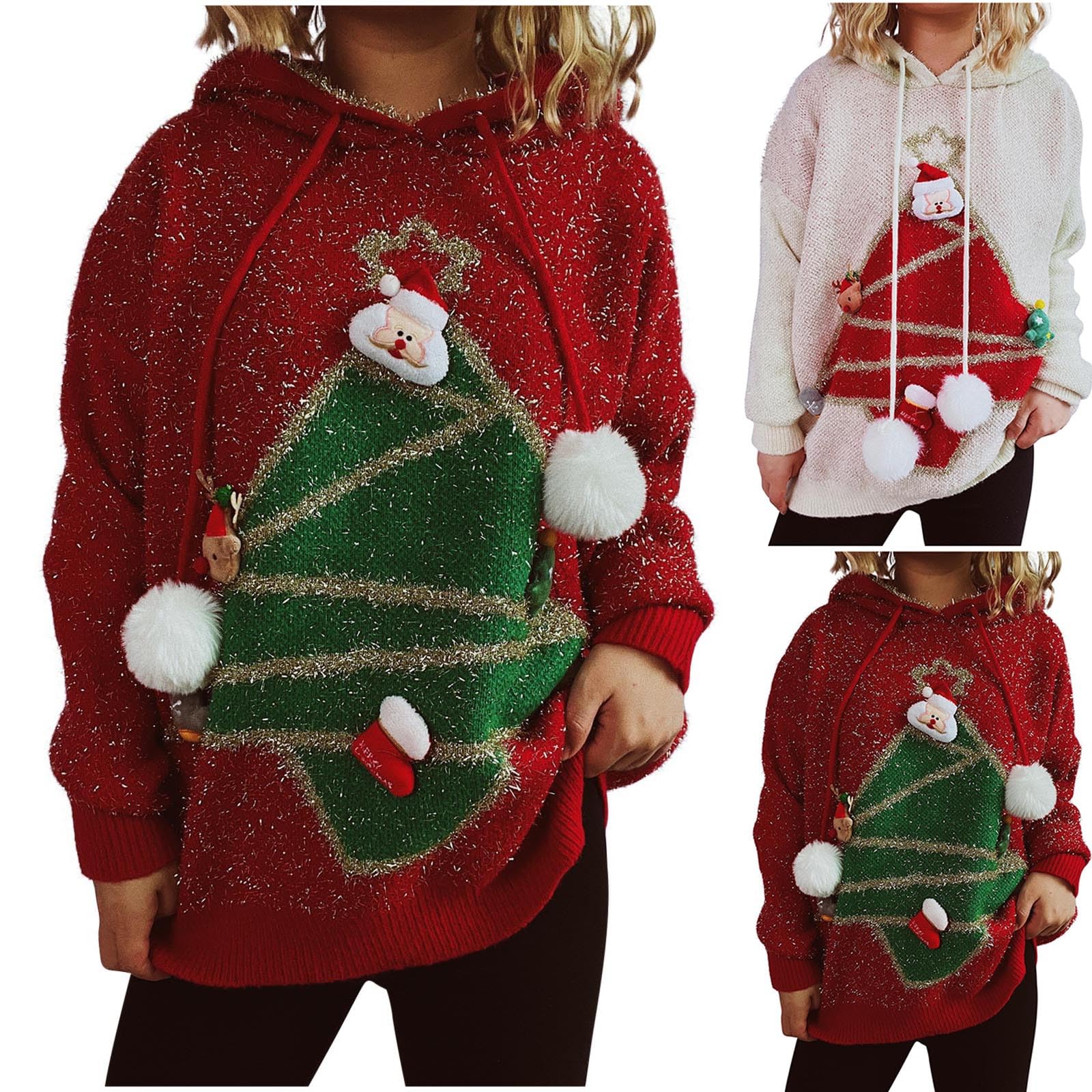 Ybing Sudadera con capucha de Navidad para mujer, con ojal navideño, bordado, sudadera con capucha Y2K, sudadera con capucha para invierno, suéter de Navidad, suelto, jersey de Navidad, jersey de