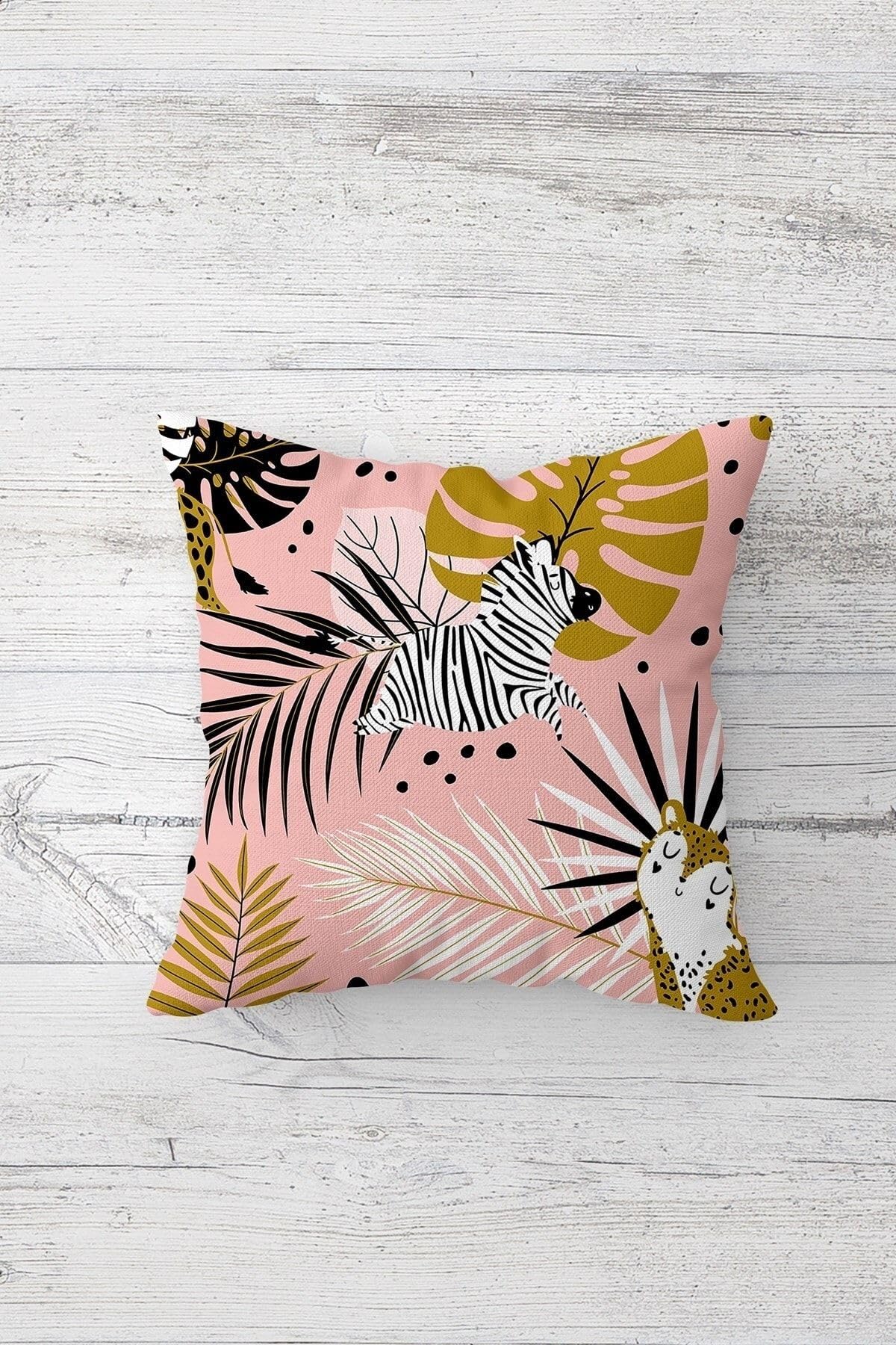 Pelangi Zebra Ve Tropikal Yaprak Desenli Gizli Fermuarlı Kırlent Kılıfı Koltuk Yastık Kılıfı Takım(4adet), Pembe 45 x 45