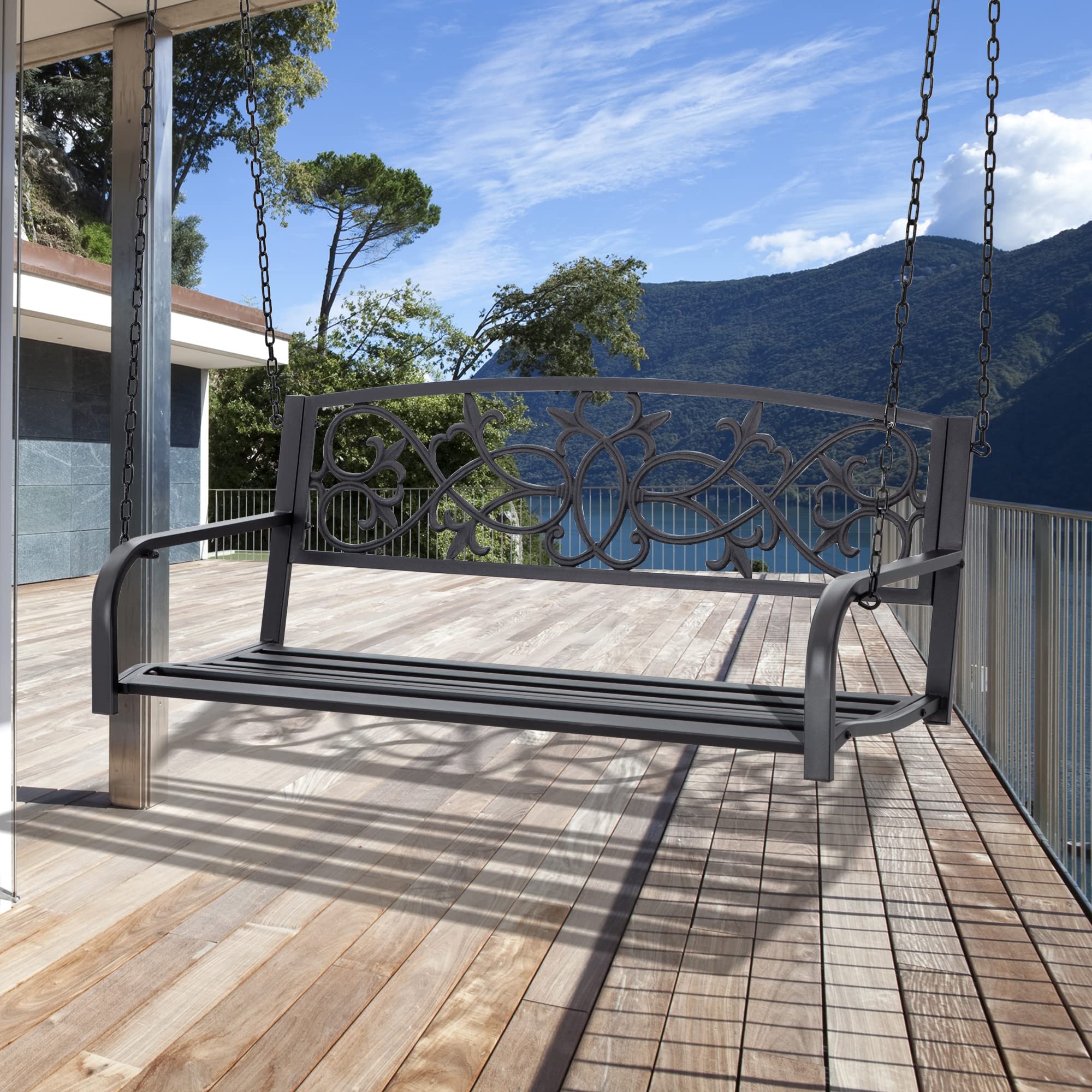 Outsunny Banco Columpio de 2 Plazas con Reposabrazos 127x59,5x52 cm Negro | Banco Colgante de Acero, Carga Máx. 240 kg, para Jardín Terraza Balcón Exterior