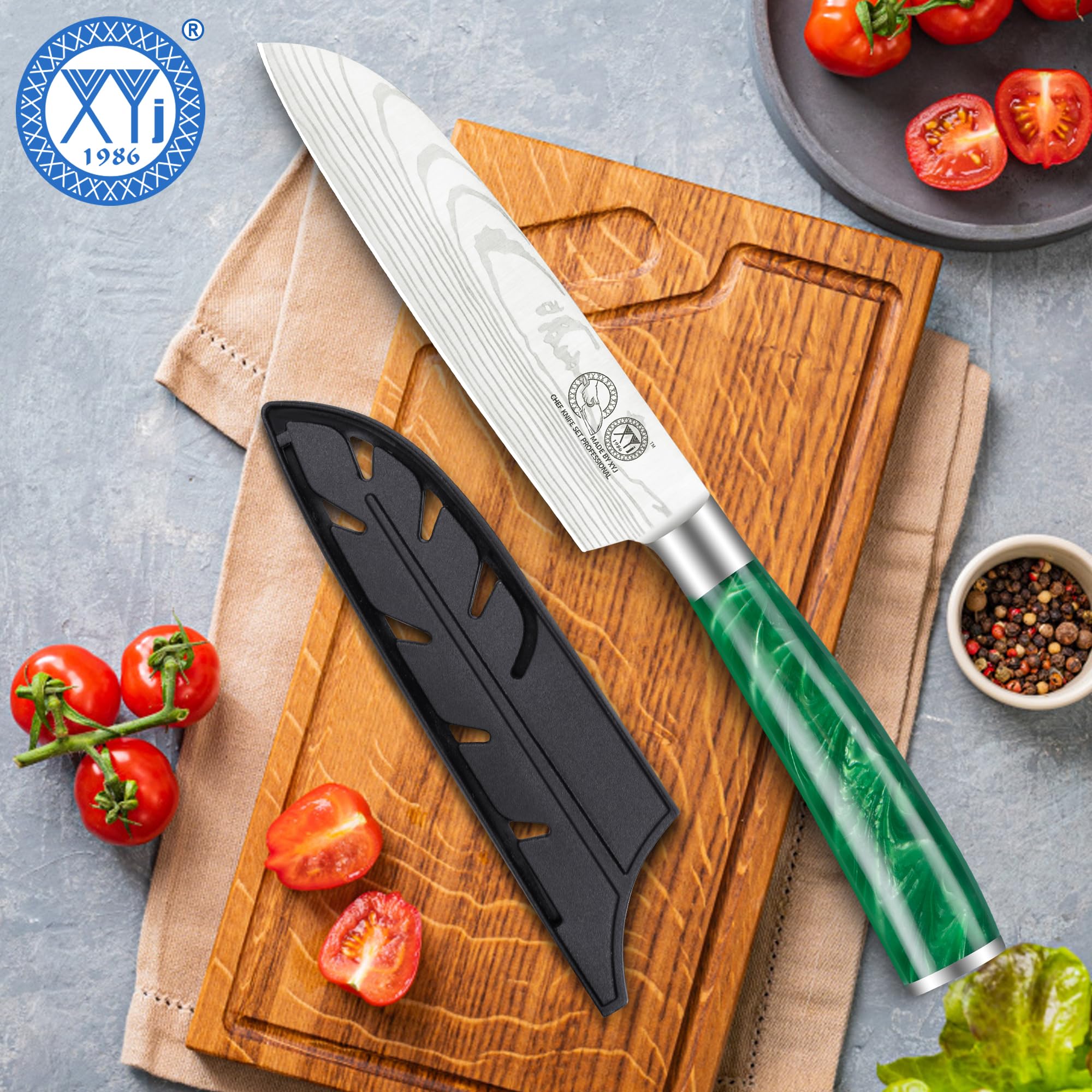 XYJ Autentico dal 1986, coltello multifunzione da cucina, coltello da 5 pollici in acciaio inossidabile con fodera, lama affilata modello Laser Damascus, manico in Pakkawood, posate da cucina