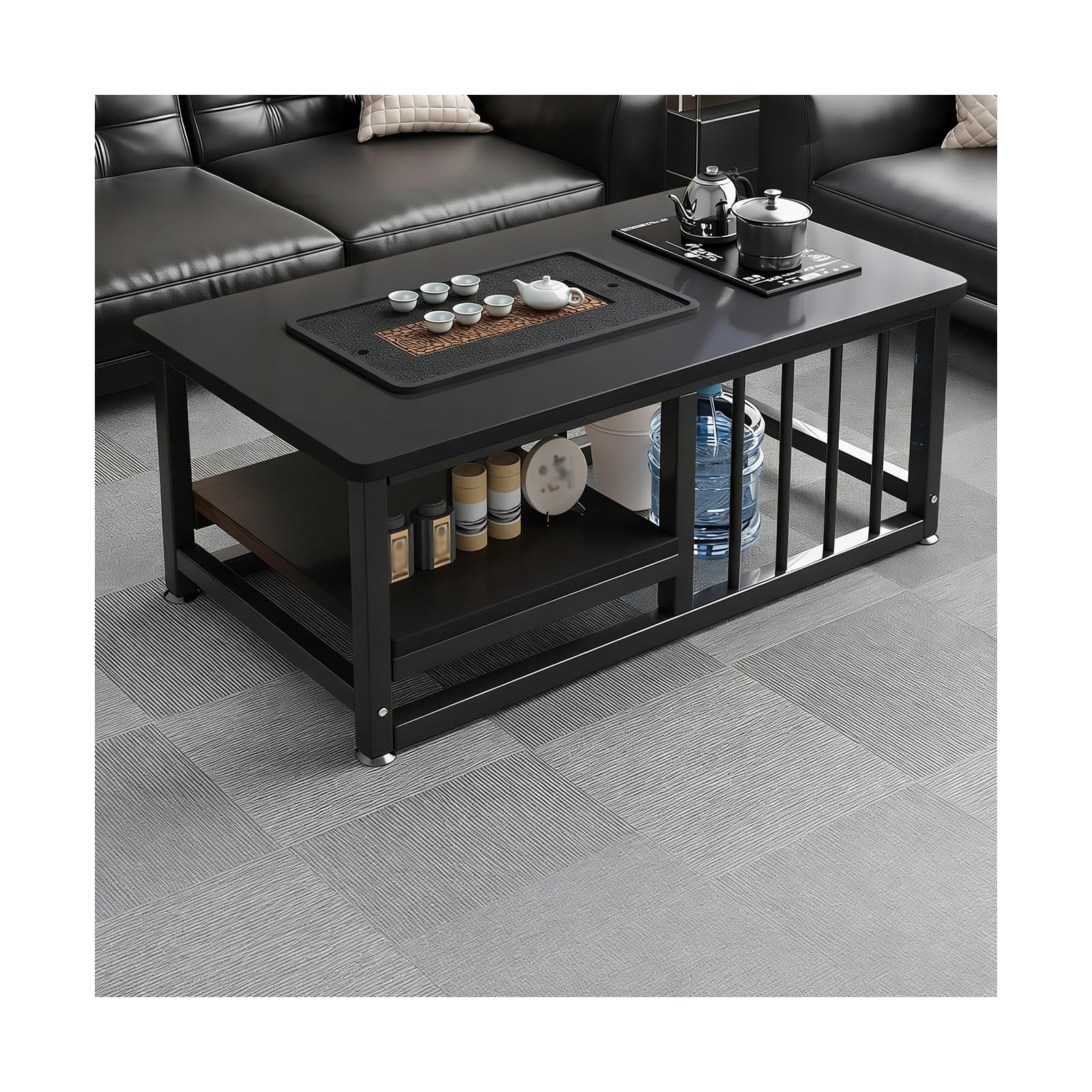 Table basse MultiZone noire 100x55x60 cm avec double étagères en acier