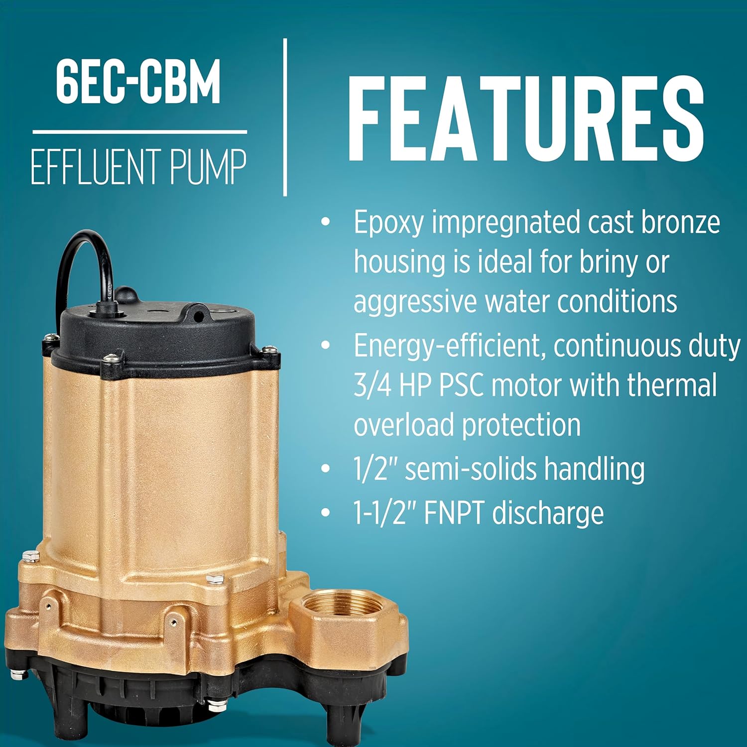 Little Giant 6EC-CBM 115 Volt, 1/3 HP, 3180 GPH, Manual (No Switch) Epoxy Impregnated Cast Bronze Sump/Effluent Pump for Salty/Briny Water Conditions, 20-Ft. Cord, Bronze, 506812