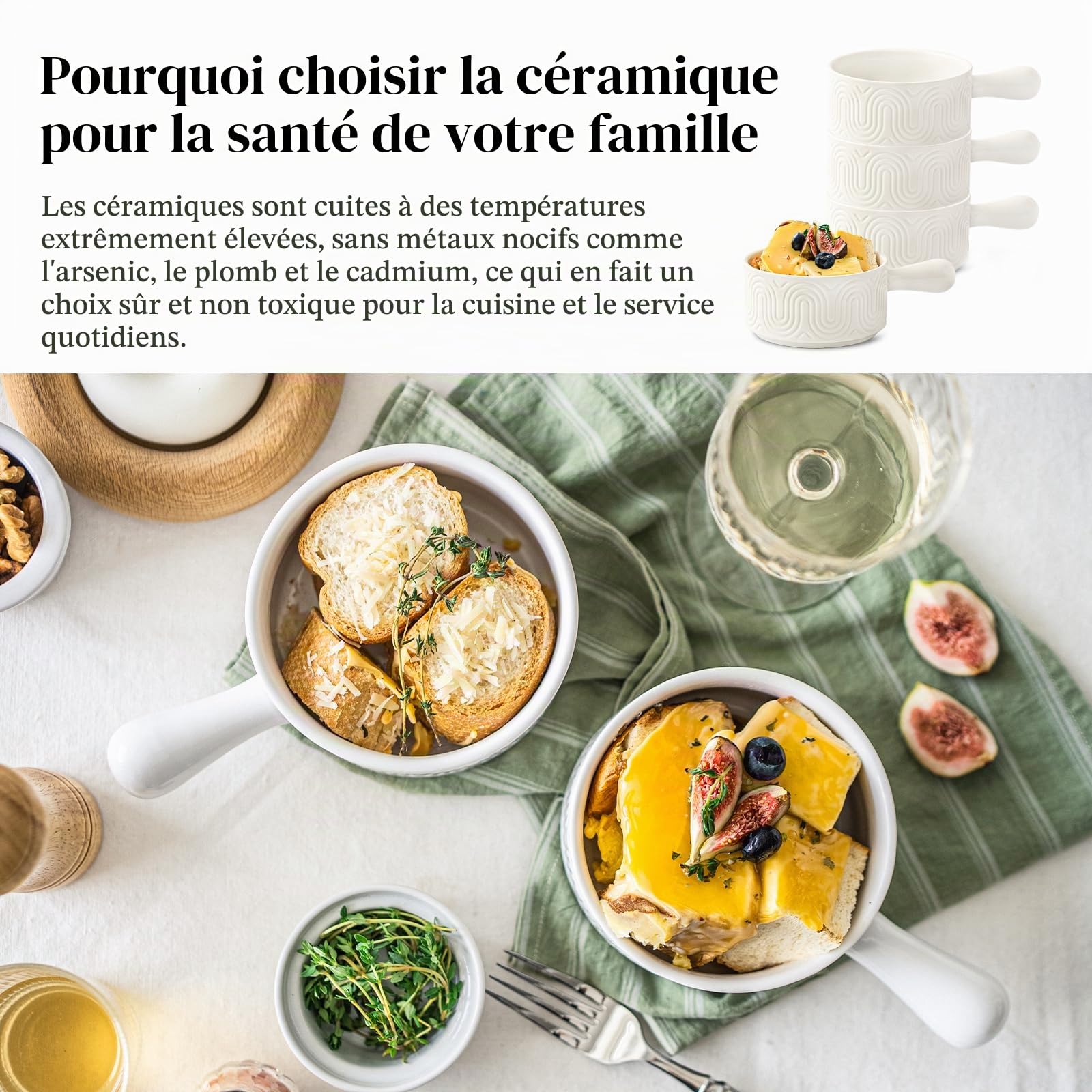 INSETLAN Lot de 4 bols à soupe de 530 ml avec poignée, bols à soupe à l'oignon français avec poignée, bols en céramique pour soupe, chili, ragoût de bœuf, résistants aux éclats, passent au