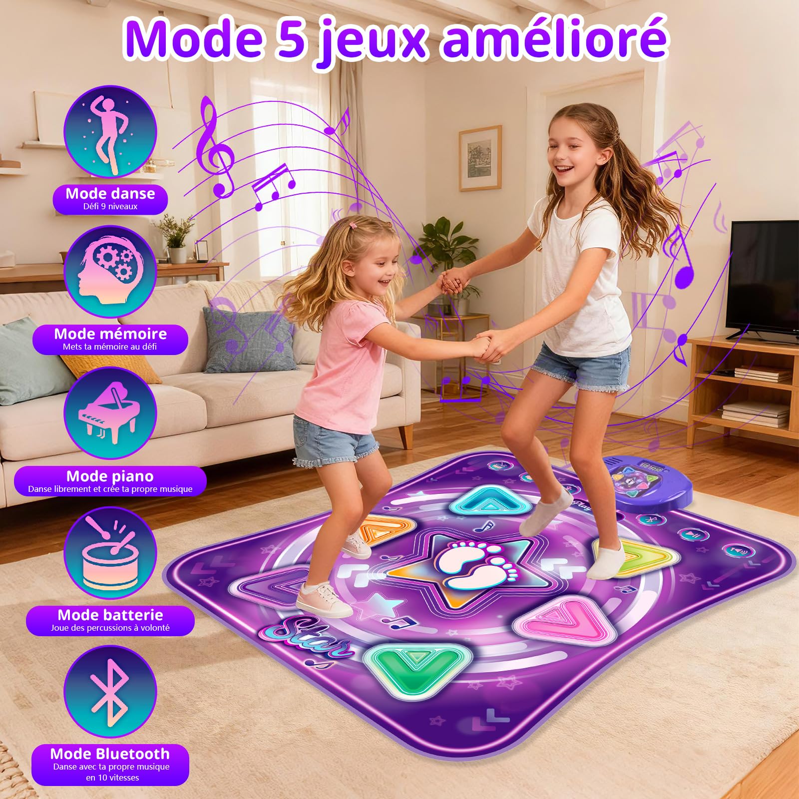 ZWOOS Tapis de Danse Fille Bluetooth avec Lumières et 5 Modes de Jeu, Tapis Danse Enfant 3 4 5 6 7 8 9 10 11 12 Ans, Antidérapant, Cadeau Anniversaire Noël