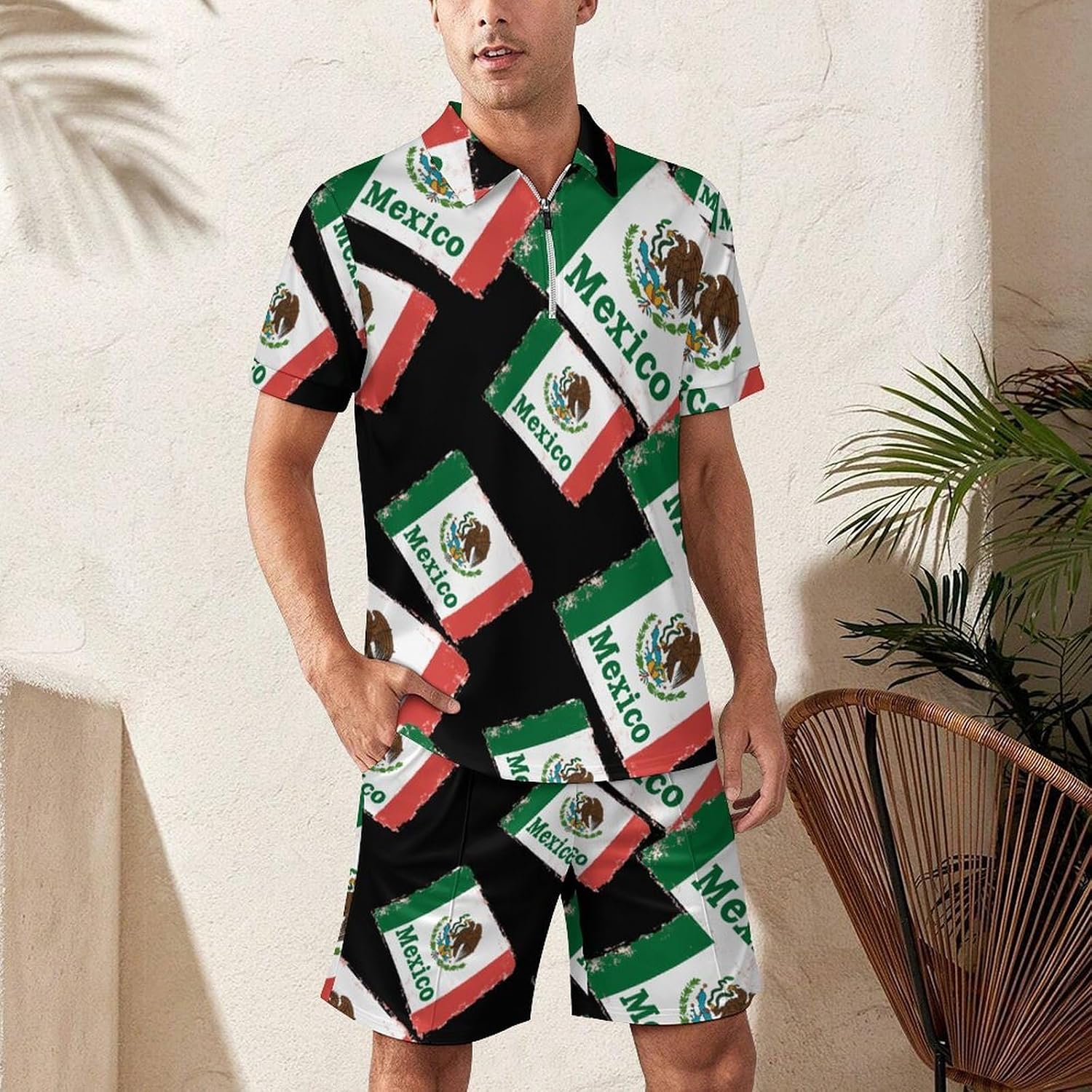 Mexico Flag Mens Polo Shirts Track Suits 2 Piece Short Sleeve Sweatsuit 1/4 Zip Golf Loungewear for Sports