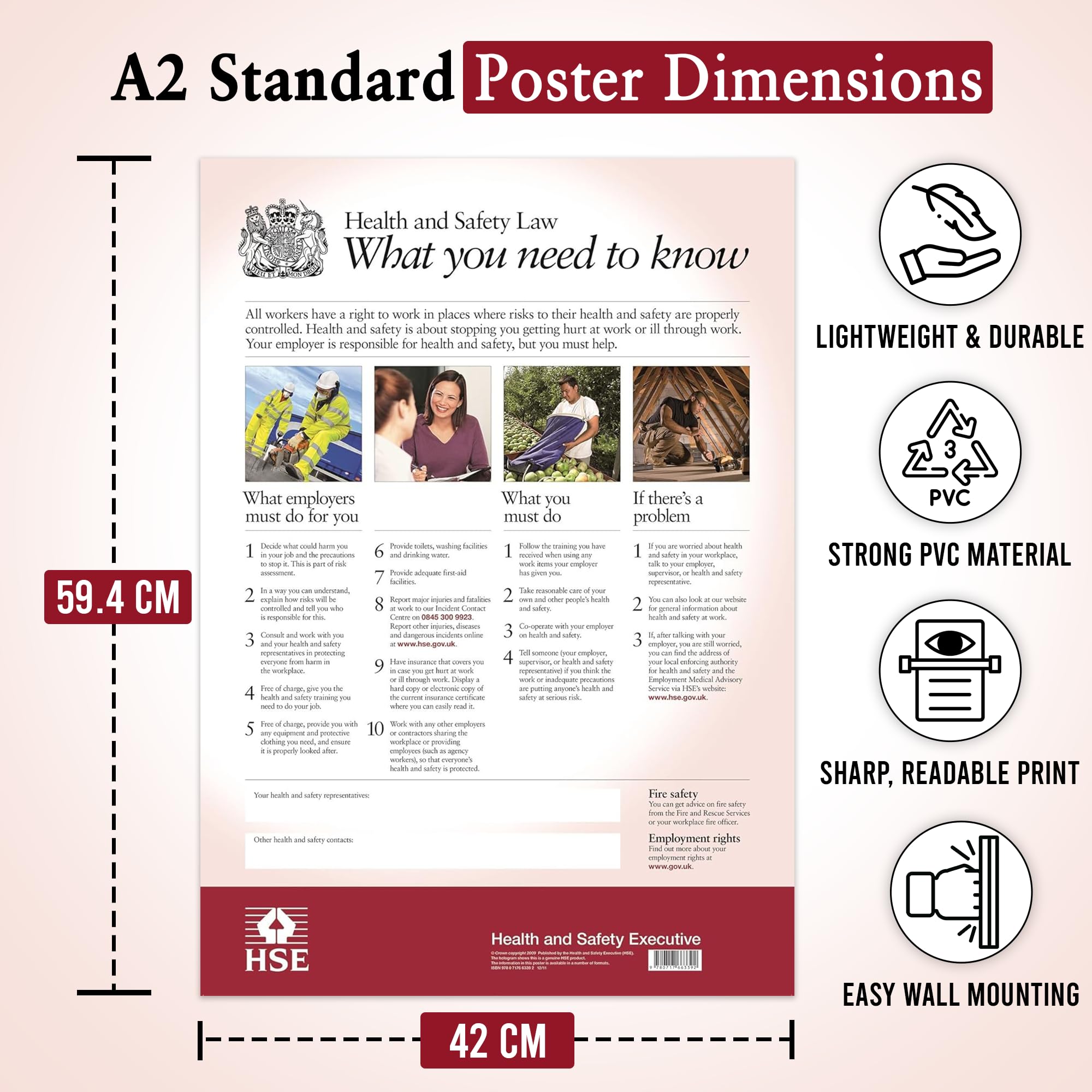 Seco PVC A2 Health & Safety Poster Schild – HSE Arbeitsplatzsicherheitsinformationen – 420 x 594 mm, 0,5 mm