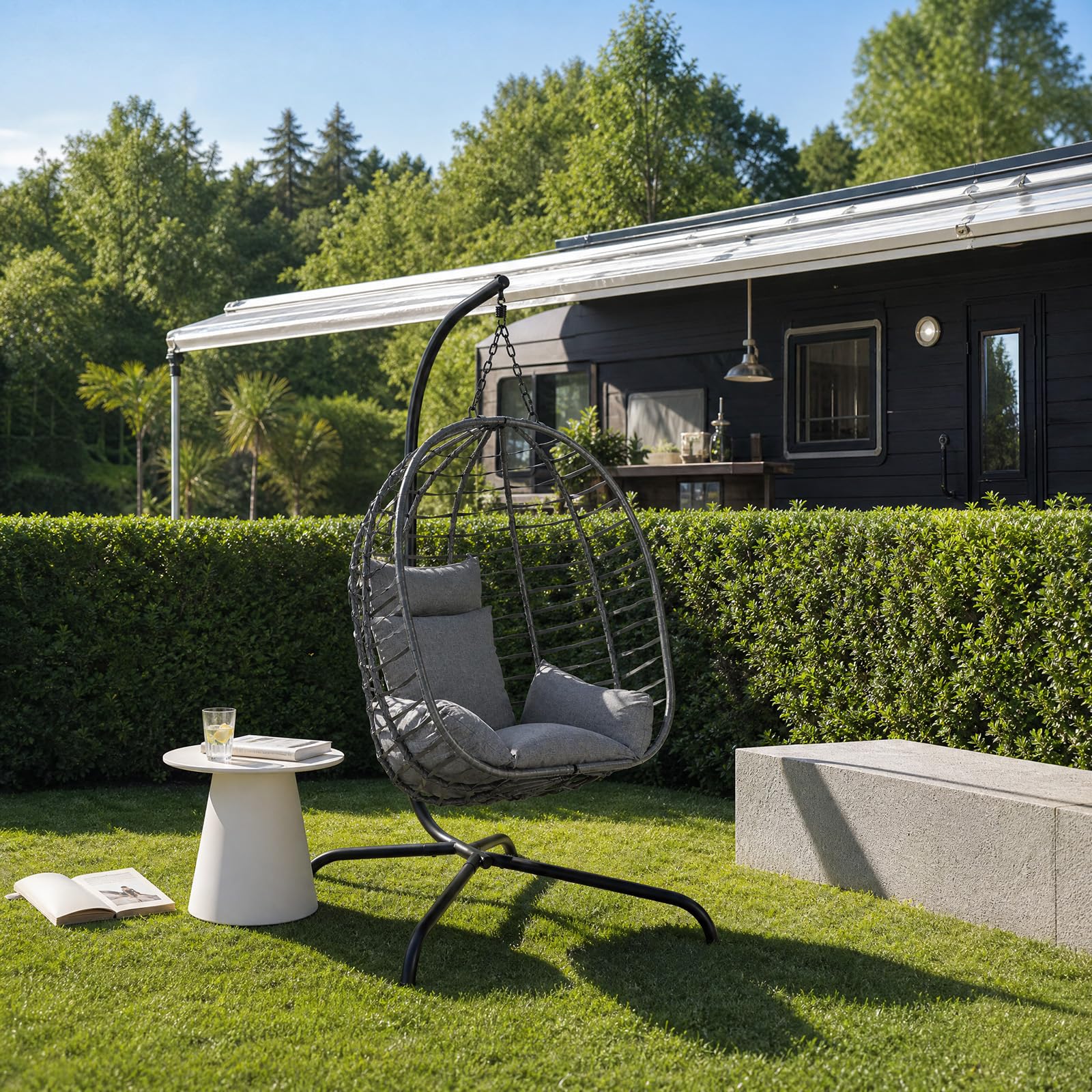 Sekey XXL Hängesessel mit Gestell, 93 cm Breiter Hängekorb mit Dickem Kissen (2 kg), bis 150 kg, Faltbarer Sitzkorb, 2-Punkt-Aufhängung & Kippsichere X-Basis, für In- & Outdoor, Balkon, Garten