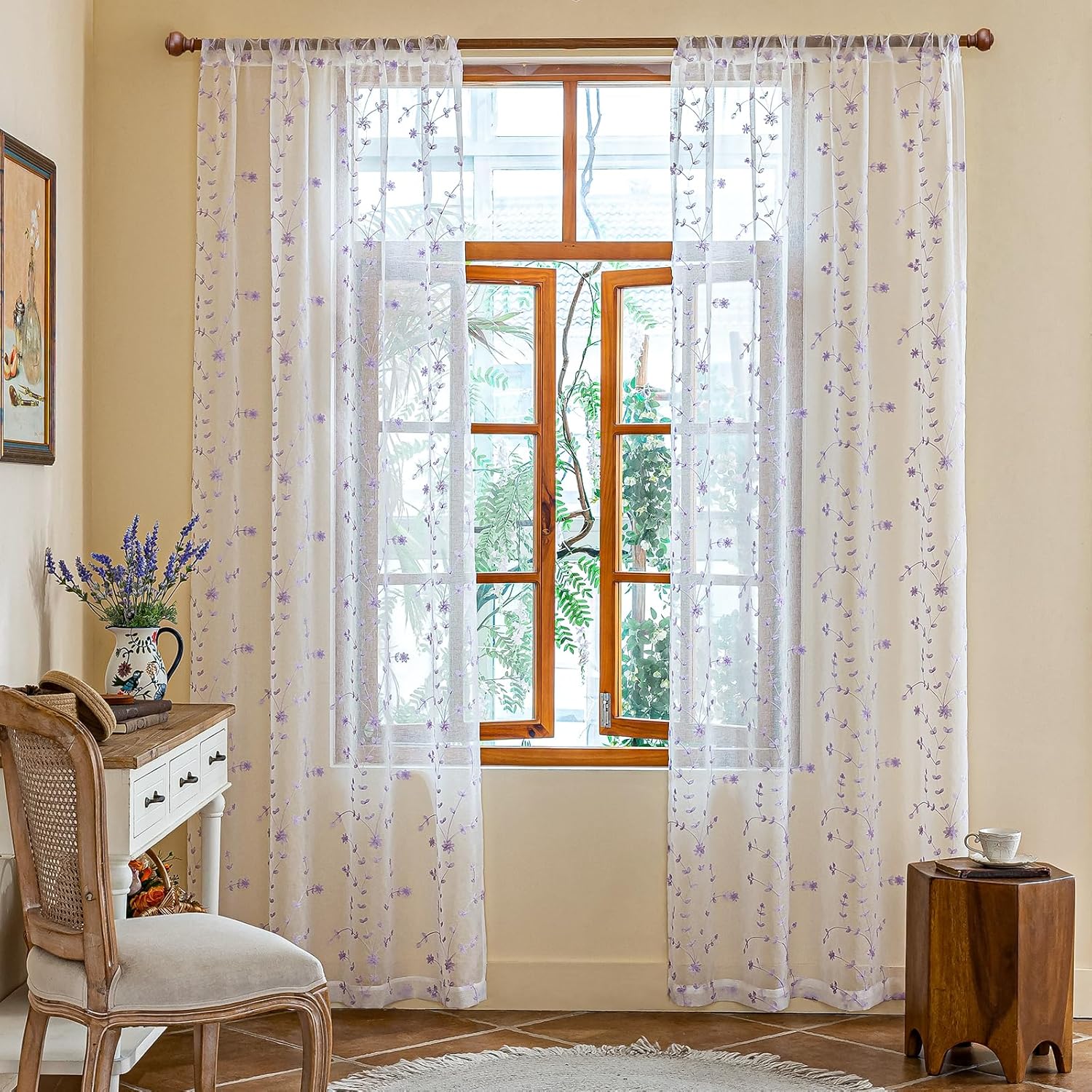 AmHoo 2 Panels Leaf Flora Embroidered Farmhouse Semi Sheer Curtain Voile Curtains for Living Room Bedroom Window Treatment White Lavender Purple 53 x 63 Inch
