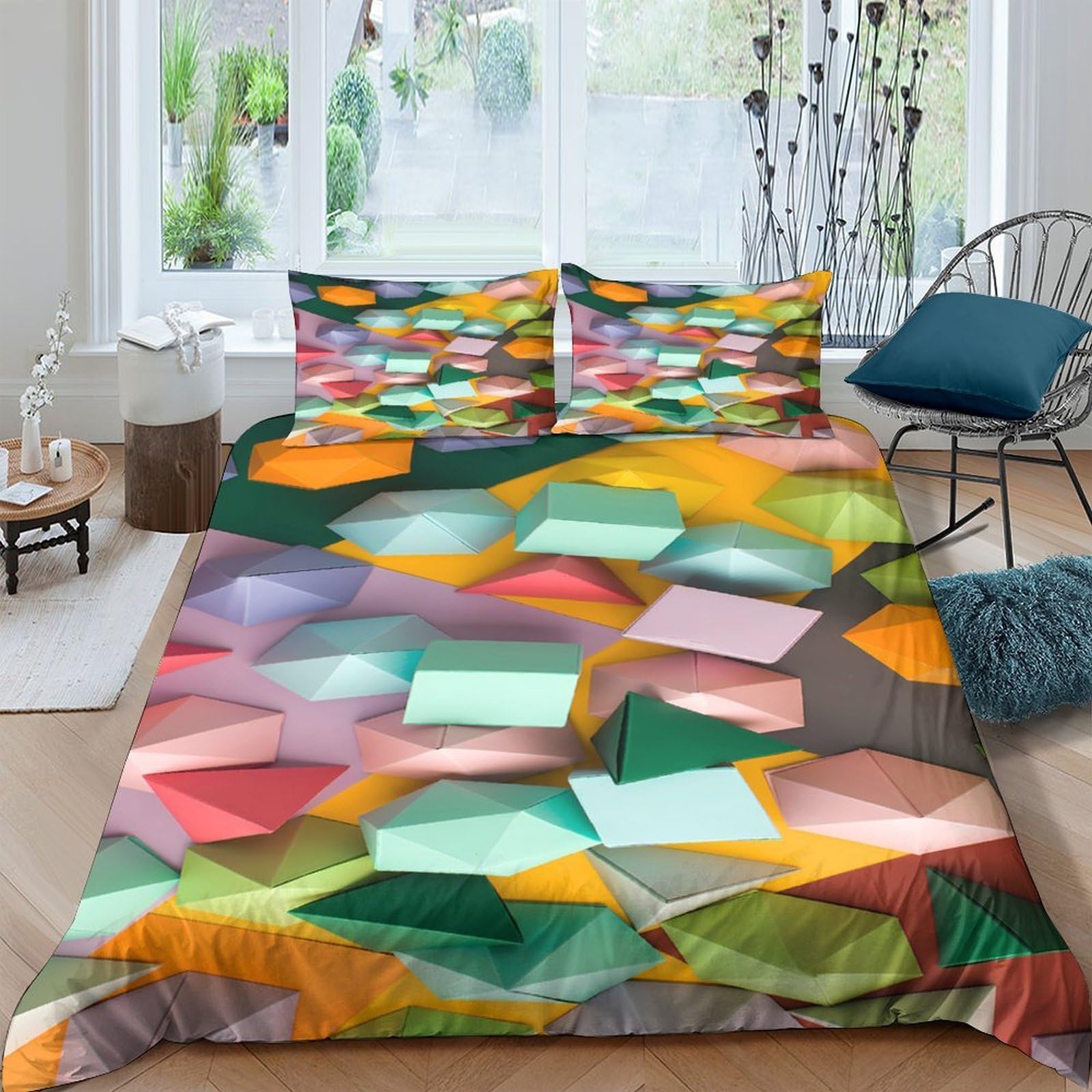 Ctjqhvkz Style-9 3D Printed Colorful Geometric Fitted Sheet Microfiber Soft Bedroom Decor Abstract Polygon Mattress Cover Protection Single（135X200cm）