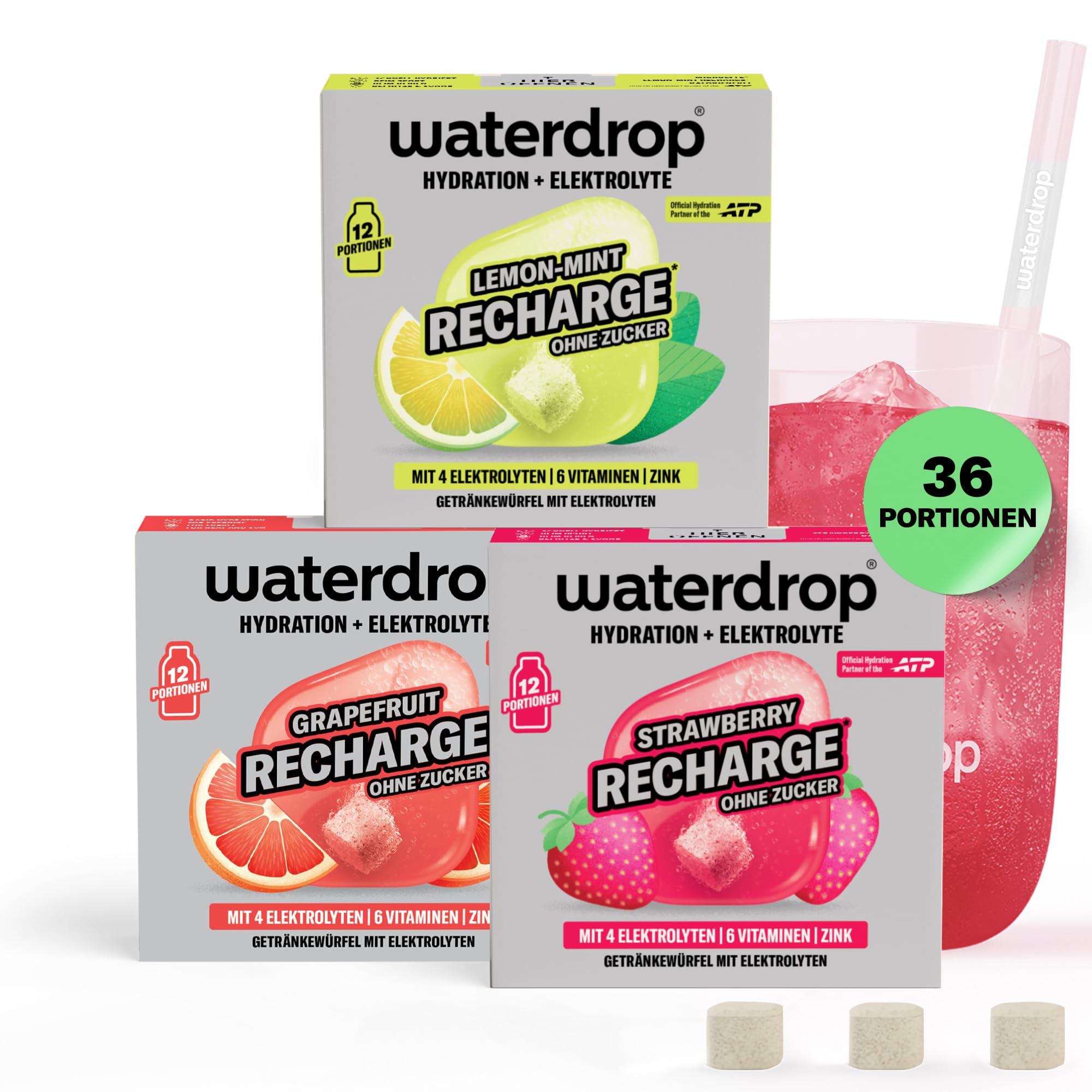 waterdrop® Microlyte Mix – Elektrolyte ohne Zucker für Sport – 36 Drops Würfel mit Magnesium, Kalzium, Natrium + Zink – Hydration & Geschmack für Wasser in Erdbeere, Grapefruit & Zitronen-Minze