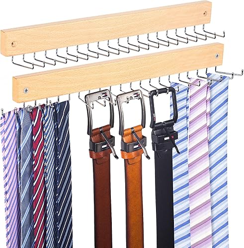 Estante de corbata montado en la pared, organizador de corbata de madera natural con capacidad para 20 corbatascinturónbolso, organizador de corbata