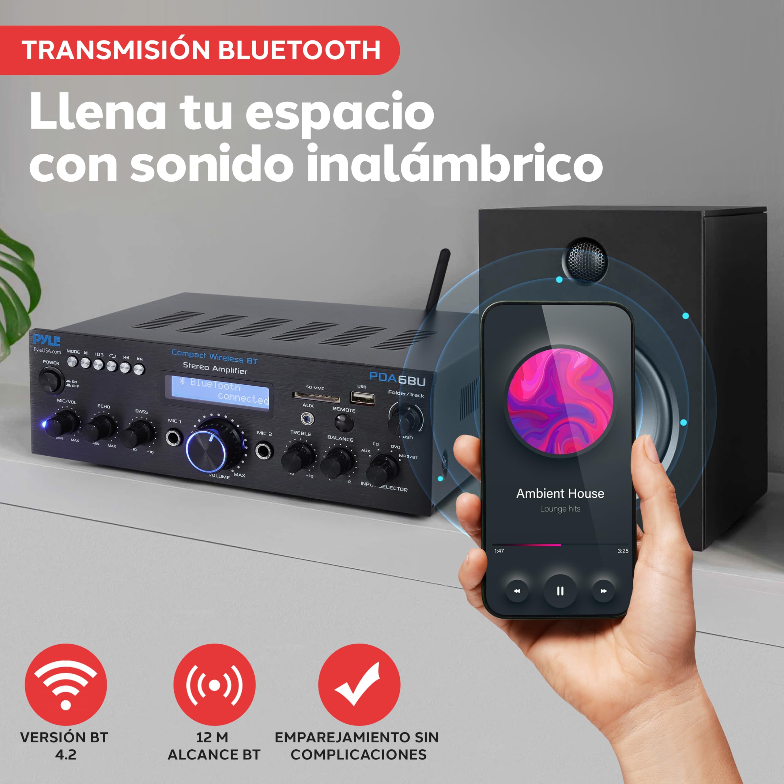 Pyle Sistema Amplificador de Potencia de Audio,200V, Inalambrico, Estereo, USB, SD, AUX, Entrada de Microfono para Karaoke, Radio, Pantalla LCD, RCA