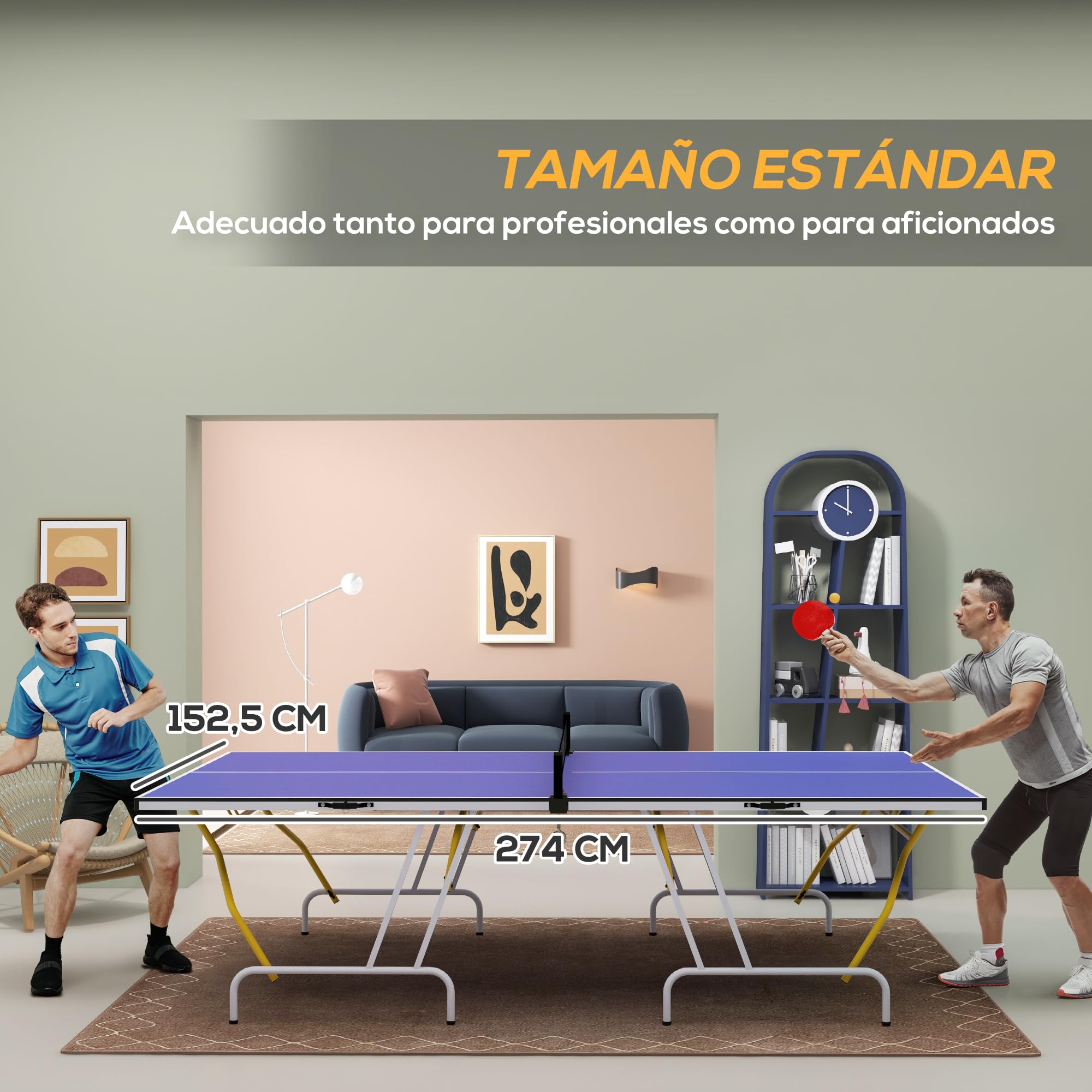 SPORTNOW Mesa de Ping-Pong Plegable con Red, Reposapiés Ajustables y Marco de Acero, 274x152,5x76 cm Azul