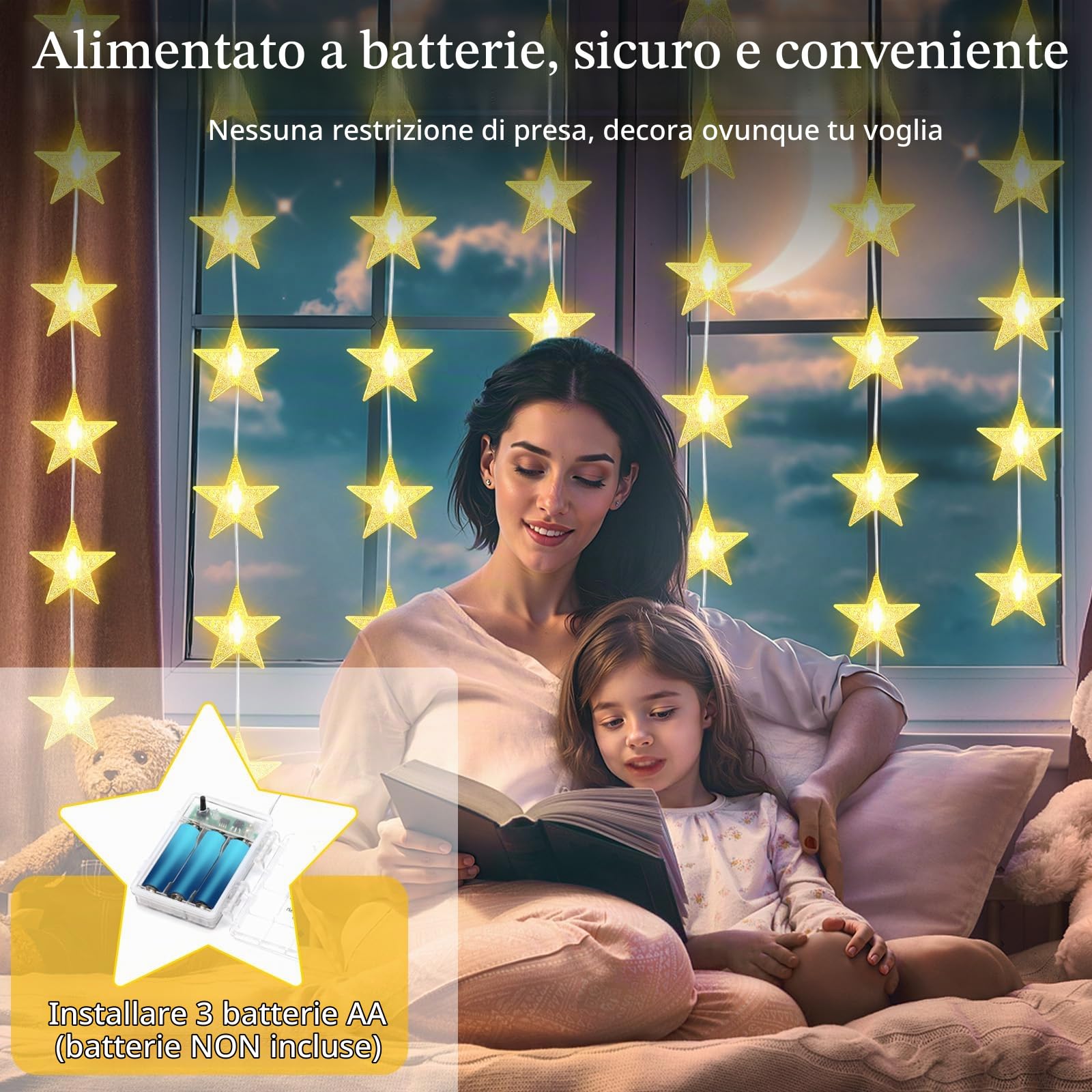 Lewondr 40 LED Luci A Tendina Natalizie, 6PCS Luci Appendibili Con Timer 6H & 8 Modalità, Luce A Batteria Per Decorazione Interna Camera Da Letto Natale Matrimonio Festa, Luce Calda