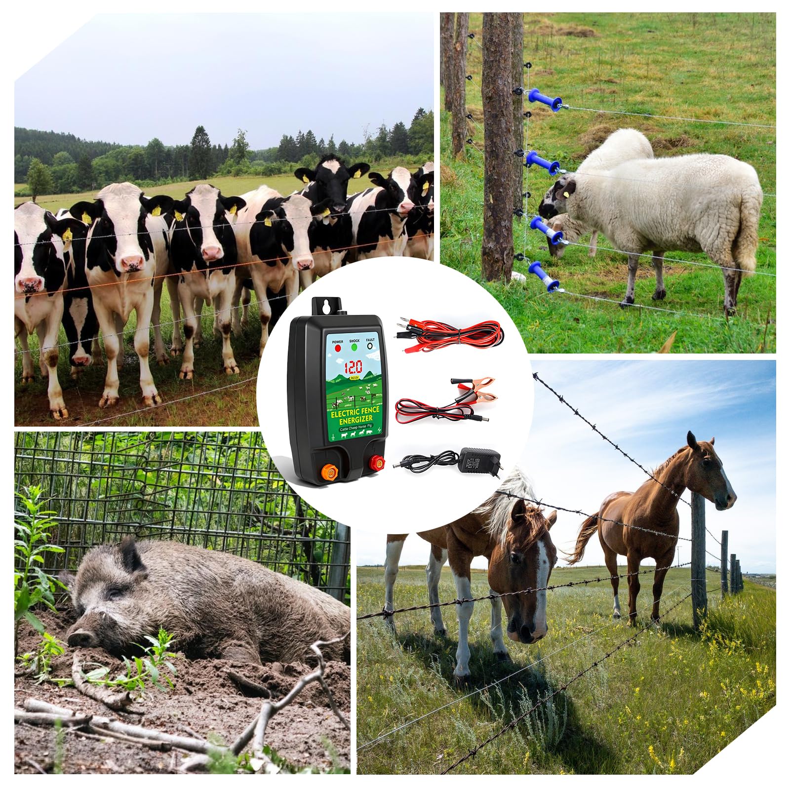 Valla eléctrica para pastos de 12 V con indicador LED, resistente al agua, 10 km, alcance de 1,5 – 2 julios, resistente al agua, dispositivo eléctrico para protección de animales de granja, mascotas