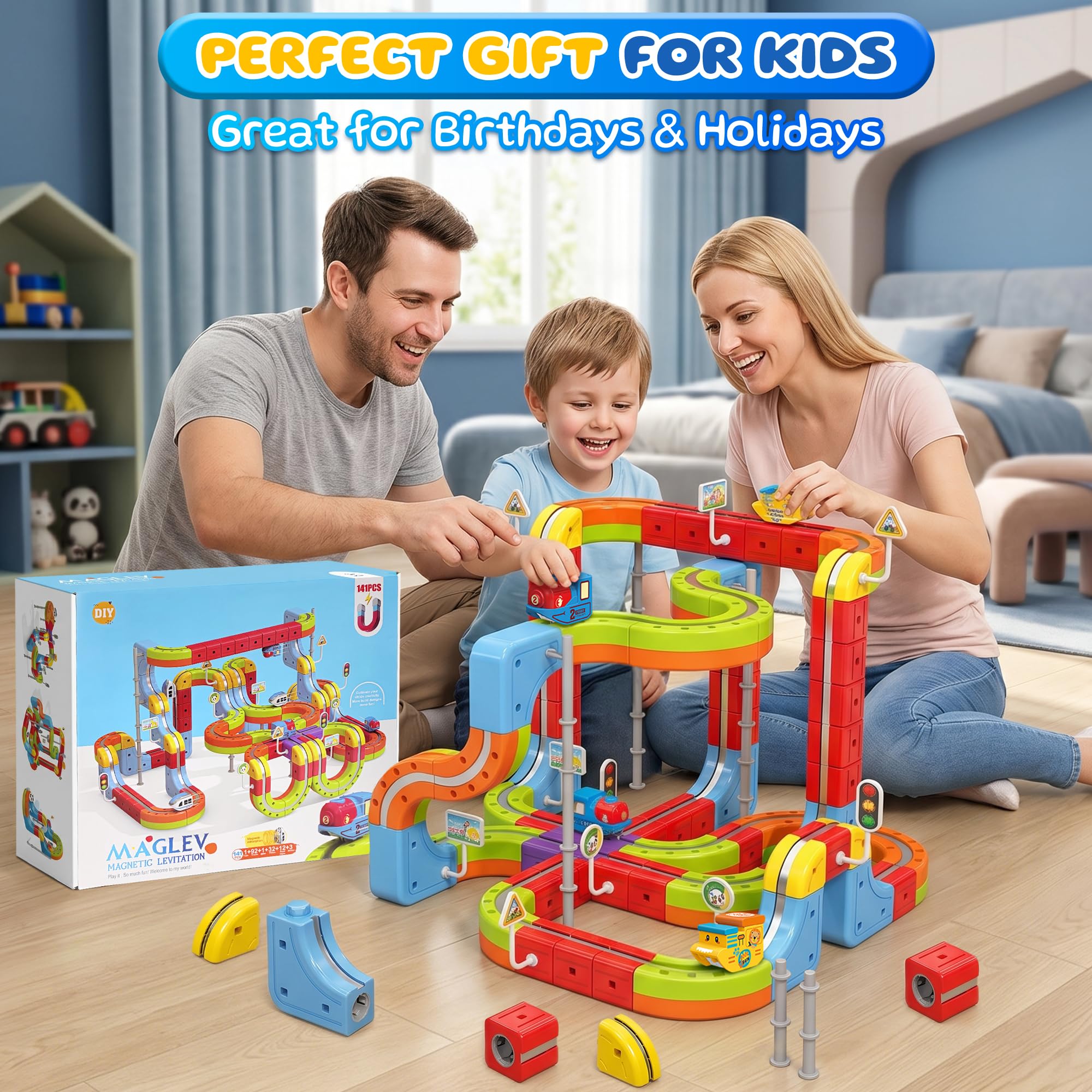 Juego de tren eléctrico para niños, 141 piezas (92 pistas + 2 coches), juego de tren magnético para niños pequeños, juguetes STEM, regalos de cumpleaños para niños de 3 a 12 años, kits de pista
