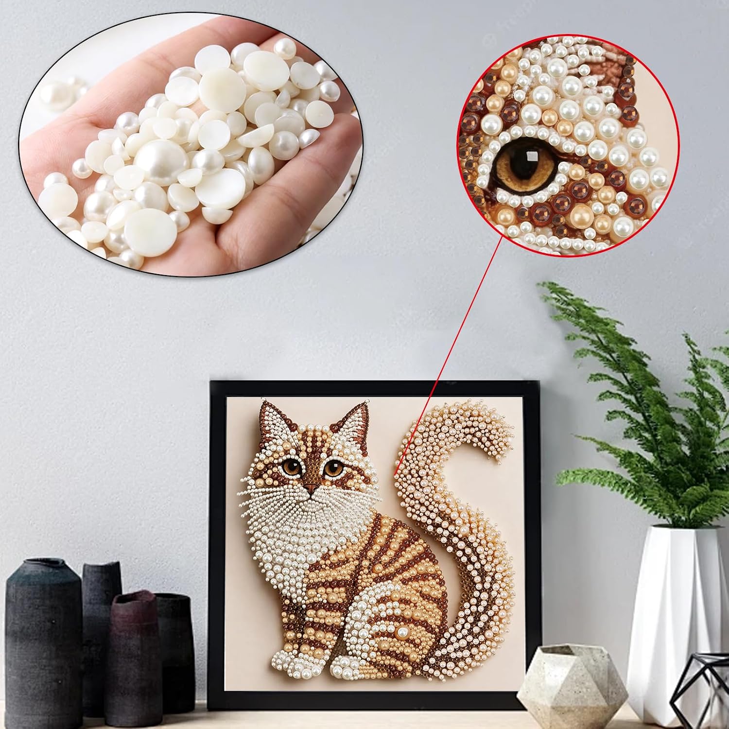 Cat Pearl Diamond Art Kits for Adults, DIY Special Shaped Diamond Painting Kit for Beginners, 5D Diamond Painting Pearl Gem Art for Home Wall Decor 13.8 X 13.8 Inch