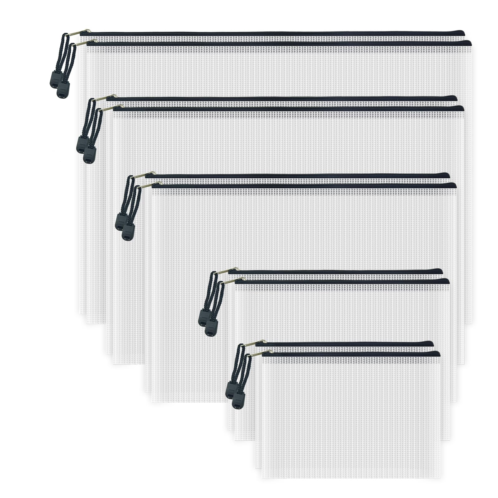 AUSTARK 10 Pcs Zipper File Bags, Waterproof Plastic Mesh Pouch for Office School, Board Game Storage Bags (Multi-Size, White and Black)