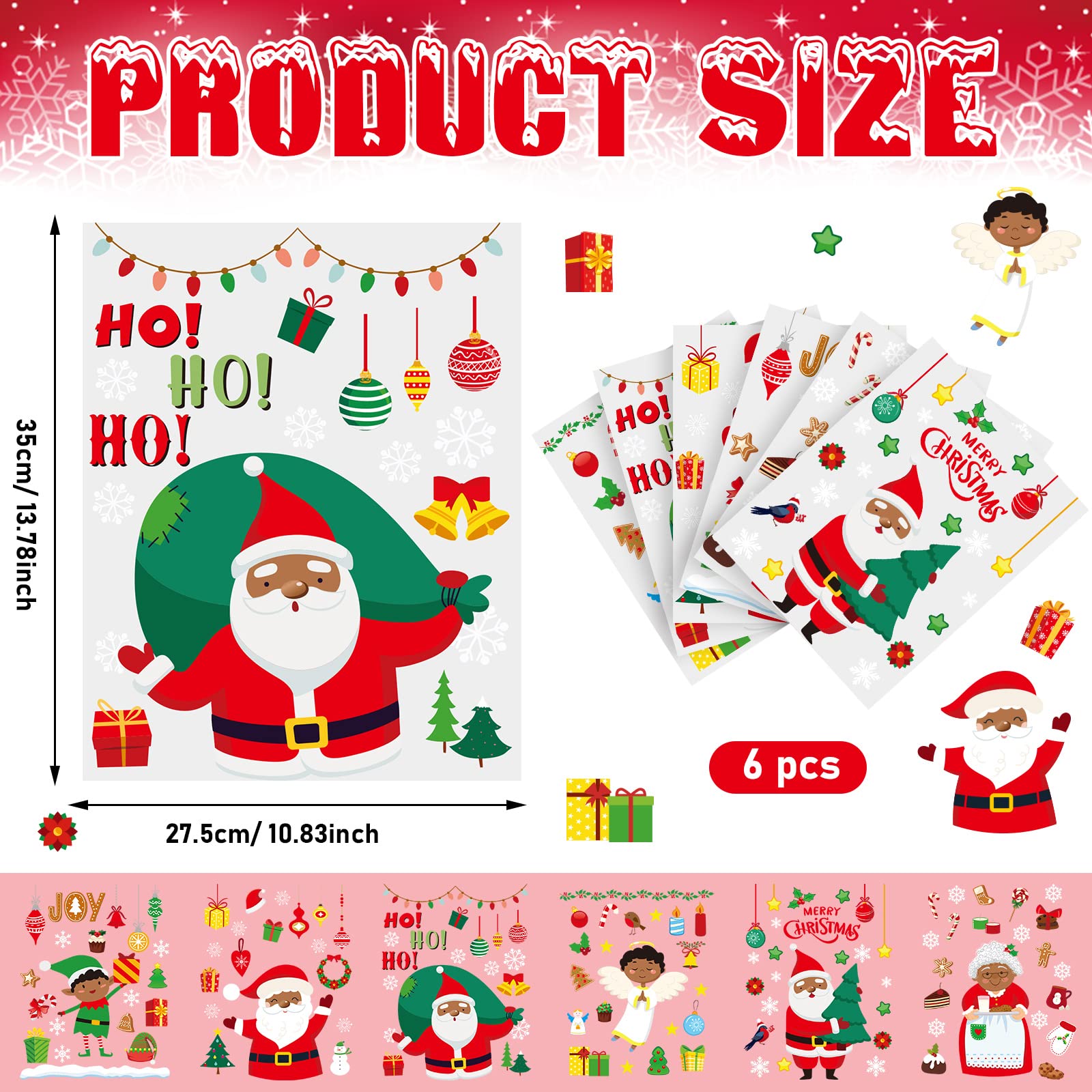 Spiareal 122 Pcs 6 Sheet Christmas Snowflake Window Clings Stickers Holiday Cling Decorations African American Black Santa Claus Decals Xmas for Glass Party