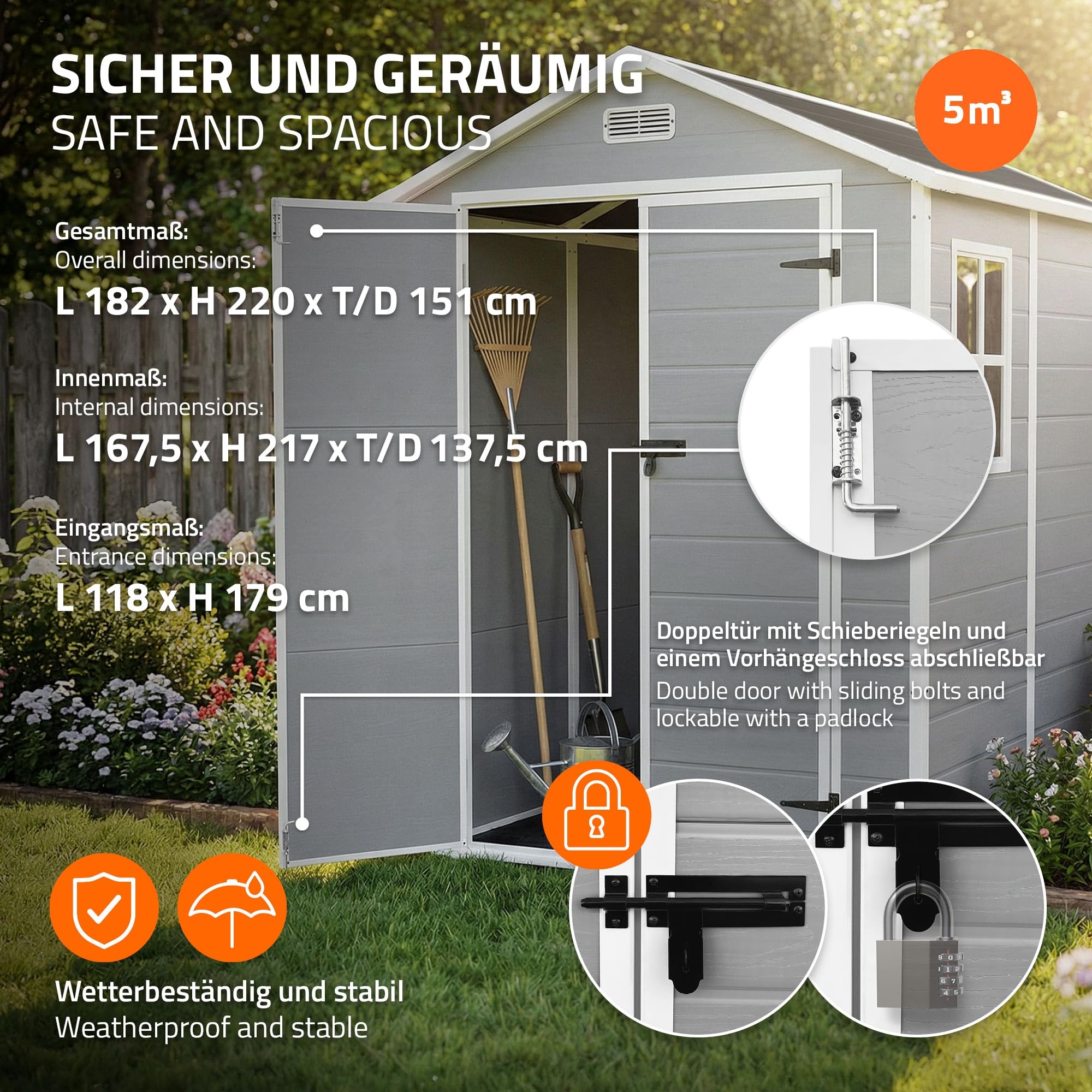 ECD Germany Abri de Jardin avec Plancher en Résine PP 5m³ Gris Clair, Toit Double Pente, Fenêtre, Porte Double, Ventilation, Cabane de Rangement Extérieur 151x182x220 cm, Résistant Aux Intempéries