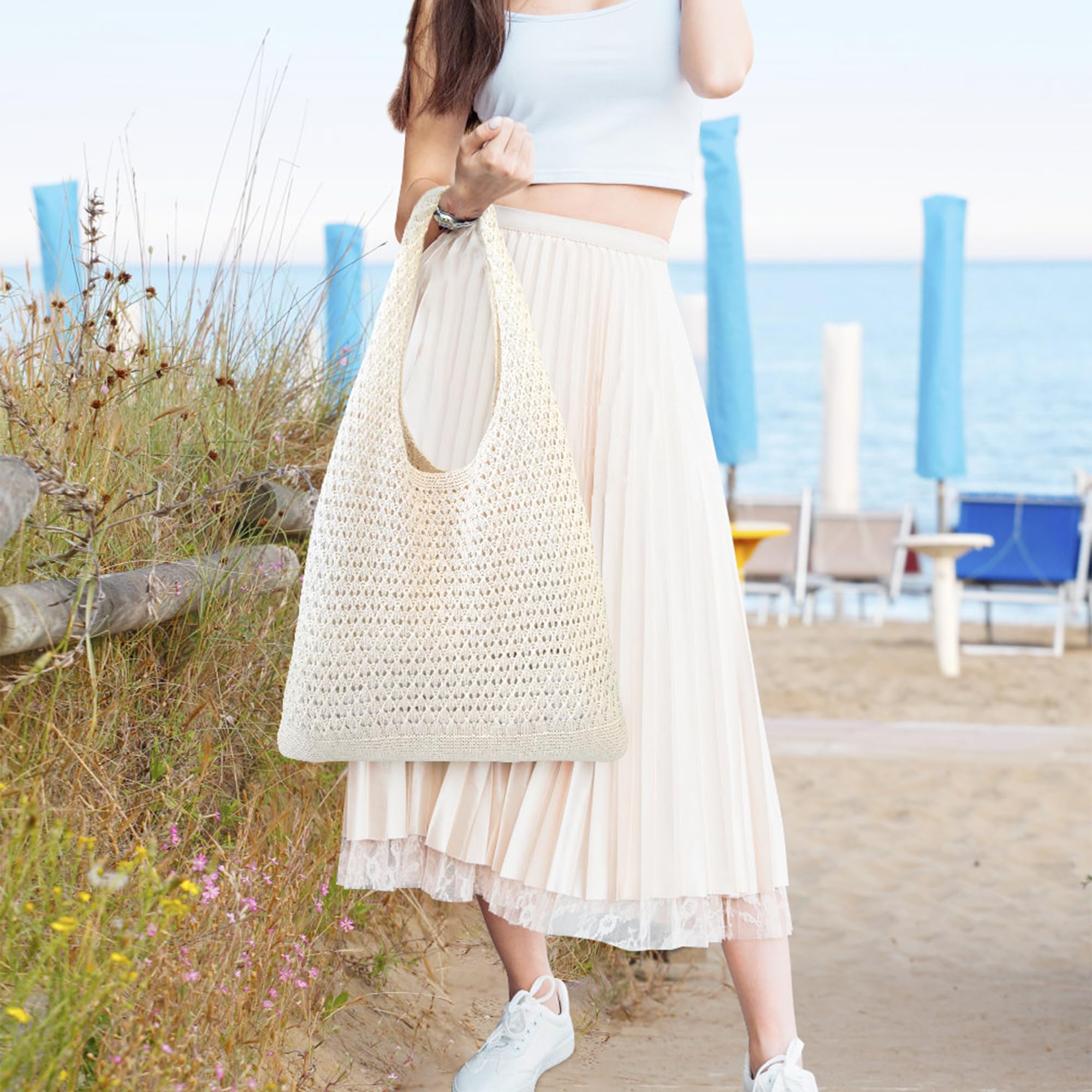 beifon Strandtasche Damen Sommer Boho, Gestrickte Tasche Beach Bag Netz Strandbeutel, Häkeltasche Mesh Gehäkelt Handtasche, Tote Bag Netztasche Umhängetasche Sommertaschen für Reisen, Alltag