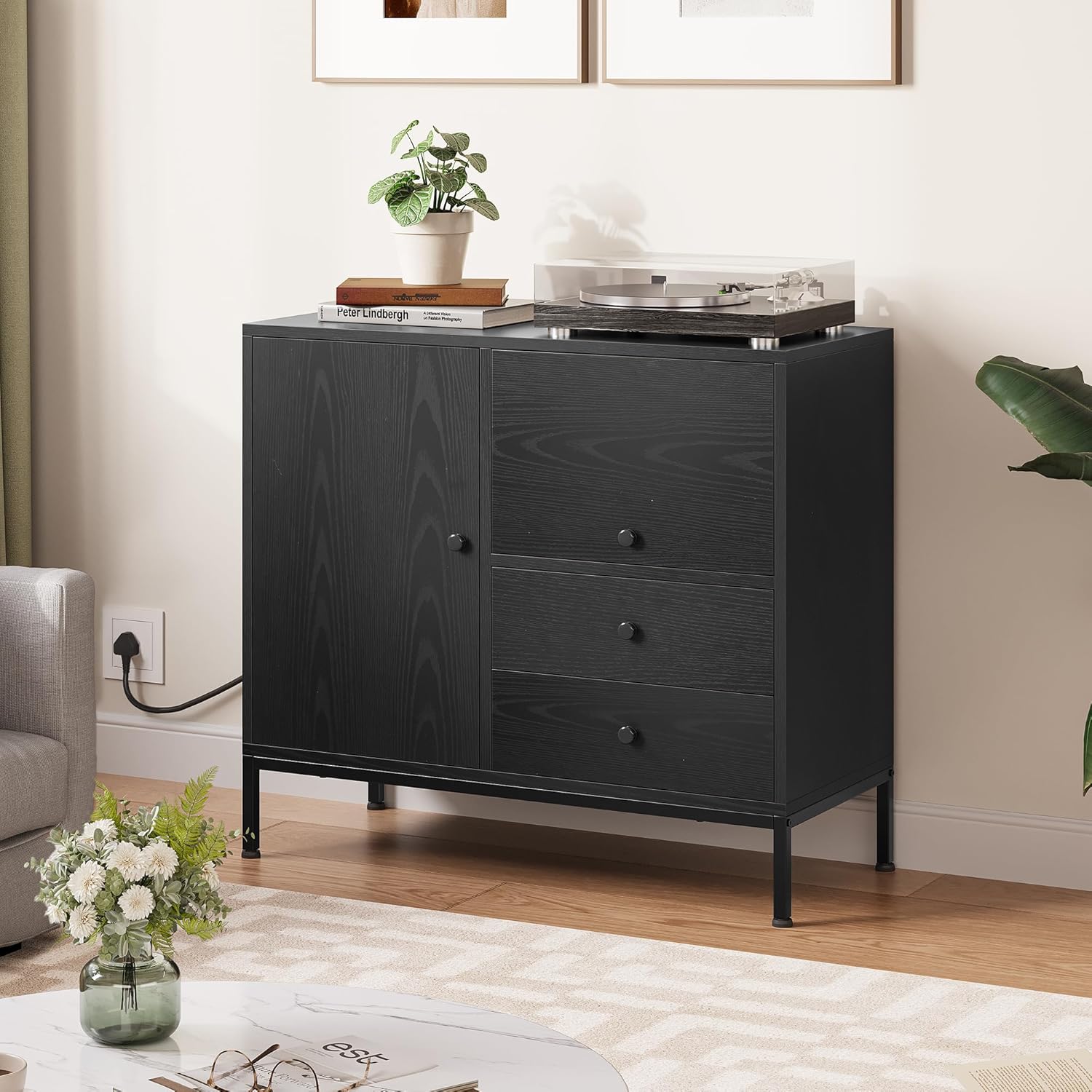 YITAHOME 3-Drawer Sideboard with Power Outlets, Storage Cabinet, Cupboard, Wooden Lateral File Cabinet, Printer Stand for Home Office, Black, 80x40x90 cm 3 81Cza+4Nn1L. AC SL1500