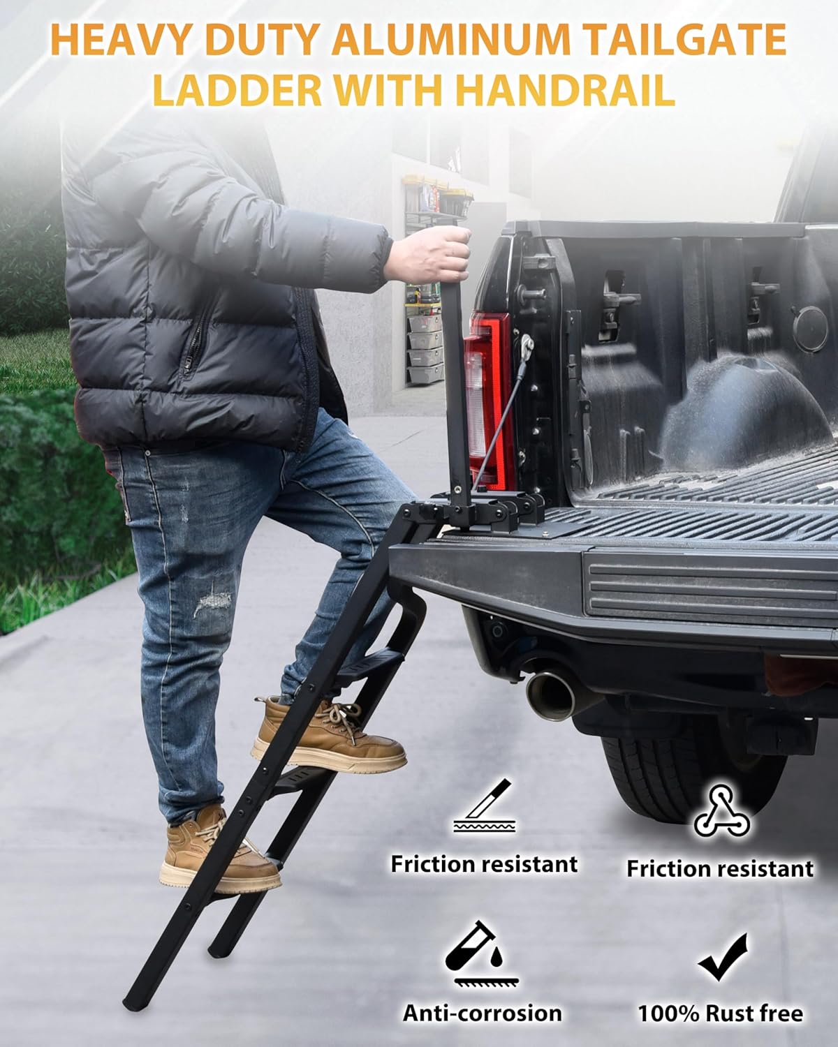 42" Aluminum Universal Pickup Truck Tailgate Ladder with Handle, Foldable Heavy Duty Tailgate Steps with Handrail for Ford F150, Dodge RAM 1500 etc. Pickup Truck Accessories