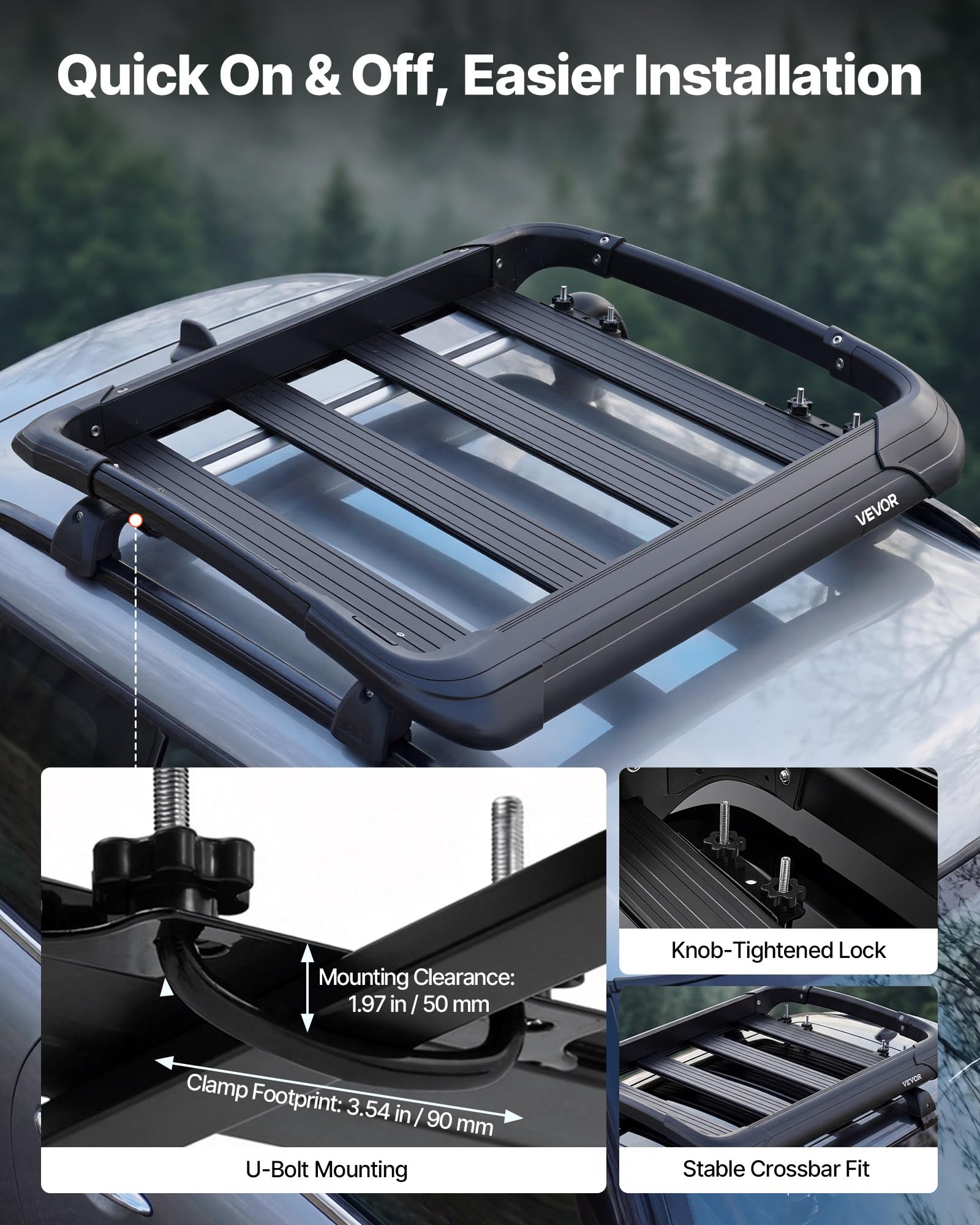 VEVOR Cesta de Techo para Coche 96,5 x 96,5 x 14,2 cm, Portaequipajes para Techo Carga de 68,04 kg, Portaequipajes de Coche Compatible con Barras Transversales de hasta 9 x 5 cm, para SUV, Camioneta