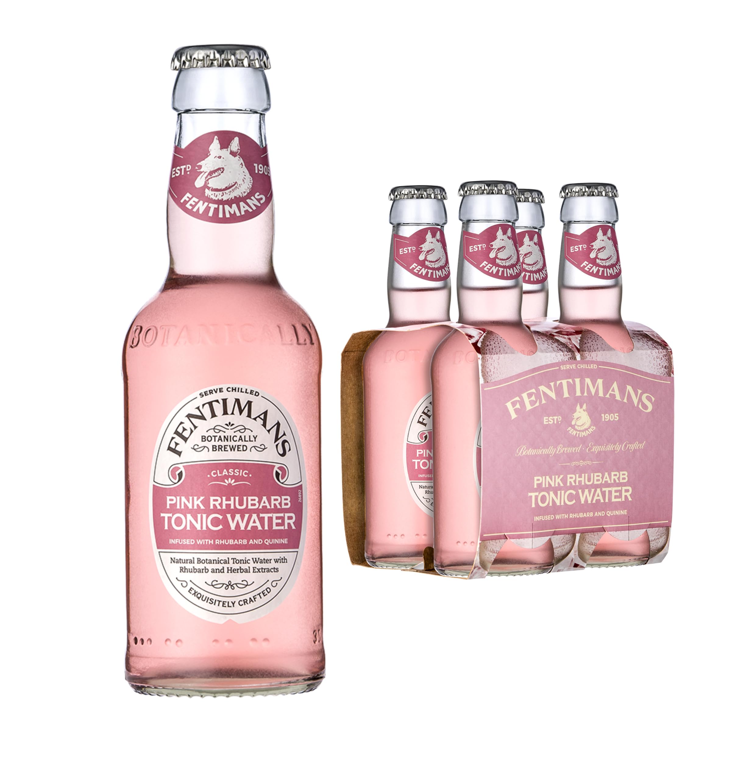 FentimansPink Rhubarb Tonic Water - Botanically Brewed Water - Infused with Sweet Rhubarb and Botanical Extracts - Low Calorie, Gluten Free and Vegan Friendly Soft Drinks - 4 x 200ml