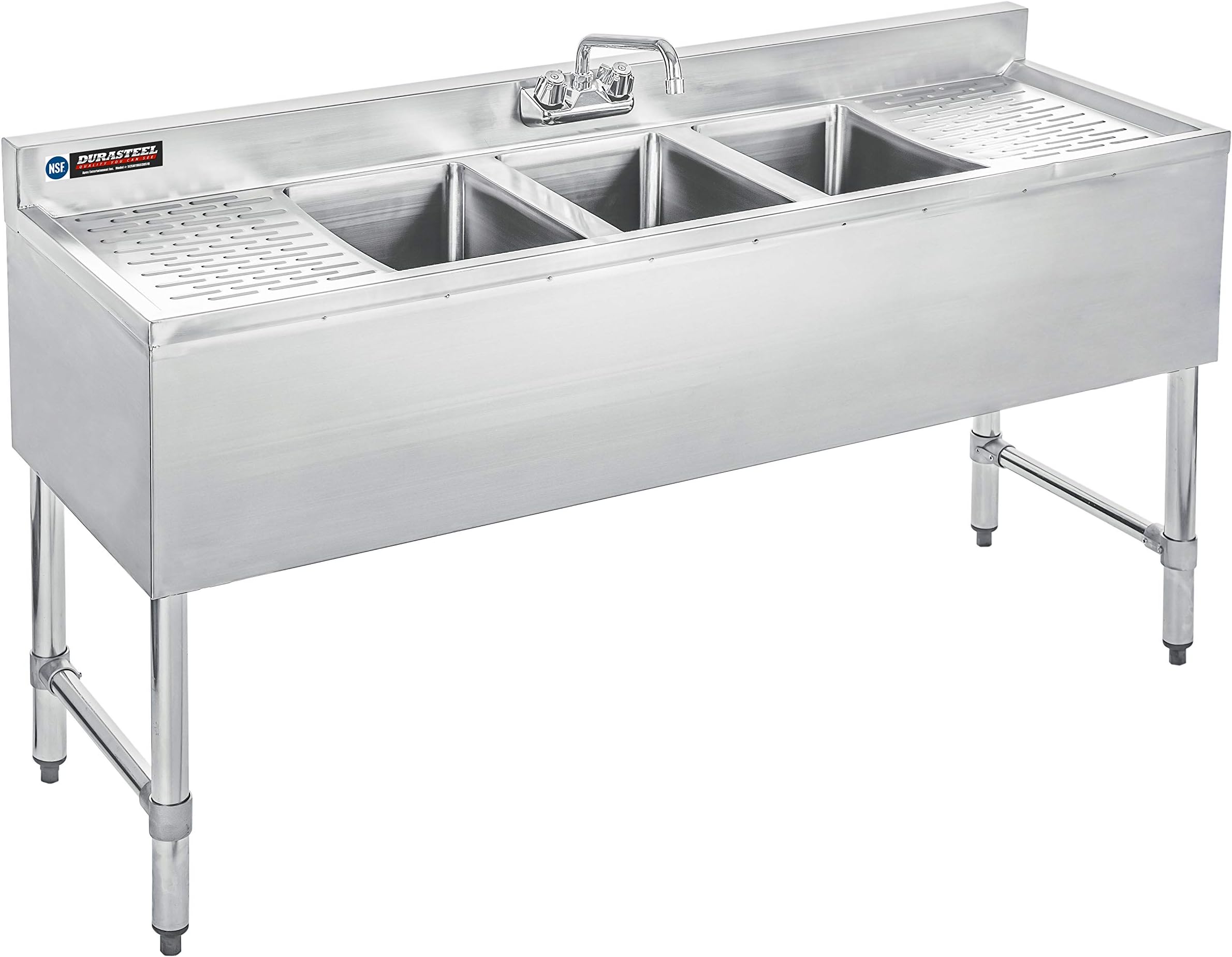 DuraSteel 3 Compartment Under Bar Sink - CEC & NSF 304 Stainless Steel 3 Bay Utility Sink with No Lead Faucet - 60" L x 19" W x 33" H - Double Drainboard Commercial Restaurant Grade