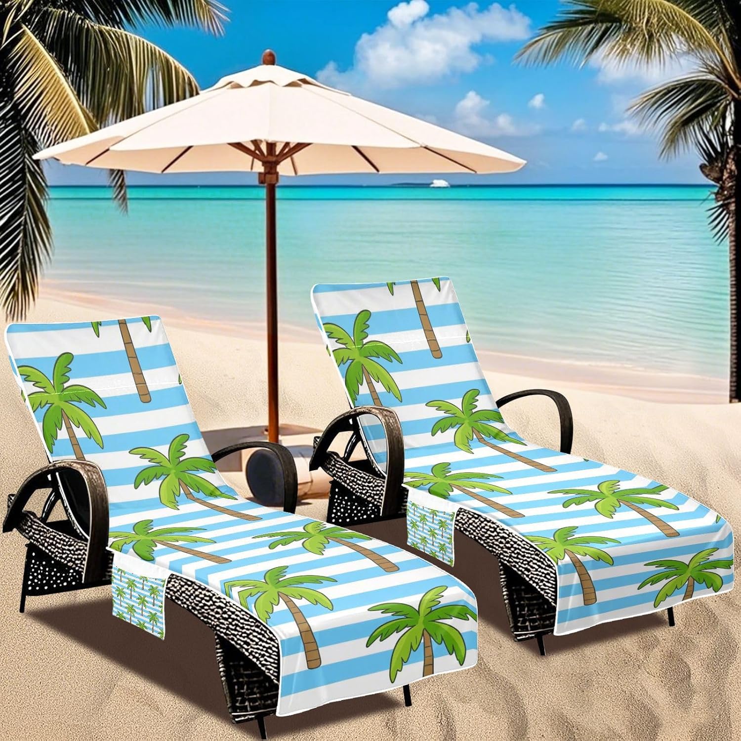 Blue White Striped Coconut Palm Patio Chaise Lounge Chair Cover Soft Outdoor Chair Covers with Windproof Straps for Pool Sunbathing Beach Garden, 85" X 30"
