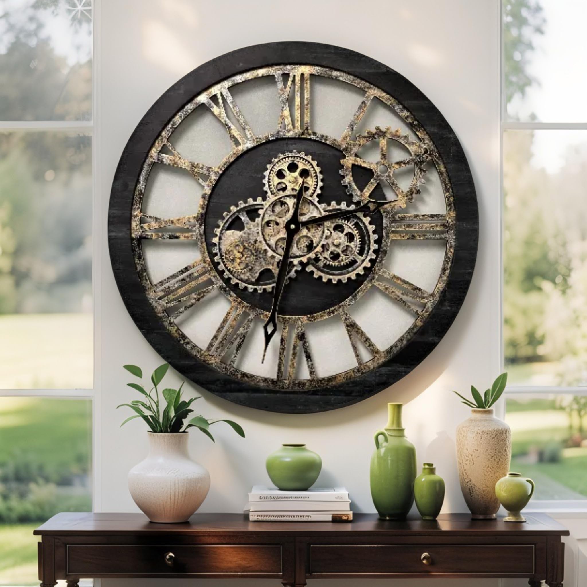 ImprovingLife - Orologio da parete in stile vintage, industriale, stile rustico, 60 cm (legno nero e bronzo)