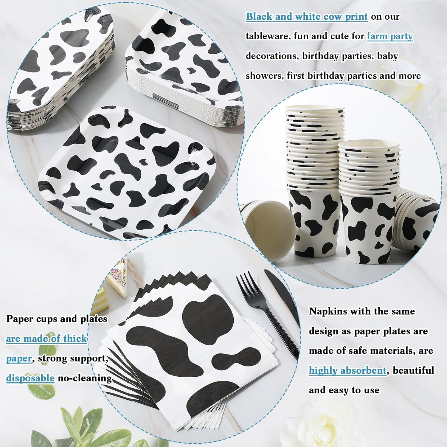 Bokon 352 Pcs Cow Print Party Supplies Include Plates Napkins Cups Cutlery Tablecloths for Baby Shower Farm Cow Birthday Party Decorations(White and Black) - Image 3