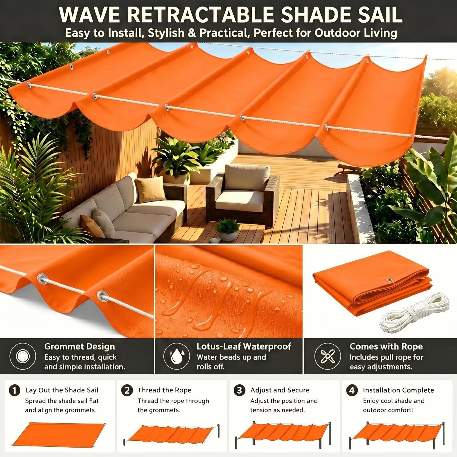 Ombrage Terrasse Extérieur 140x550cm Orange Voile-D'ombrage Rétractable Imperméable,Bâche Ombrages Vague Haute Densité,Idéal pour Pergola,Balcon,Abri de Voiture