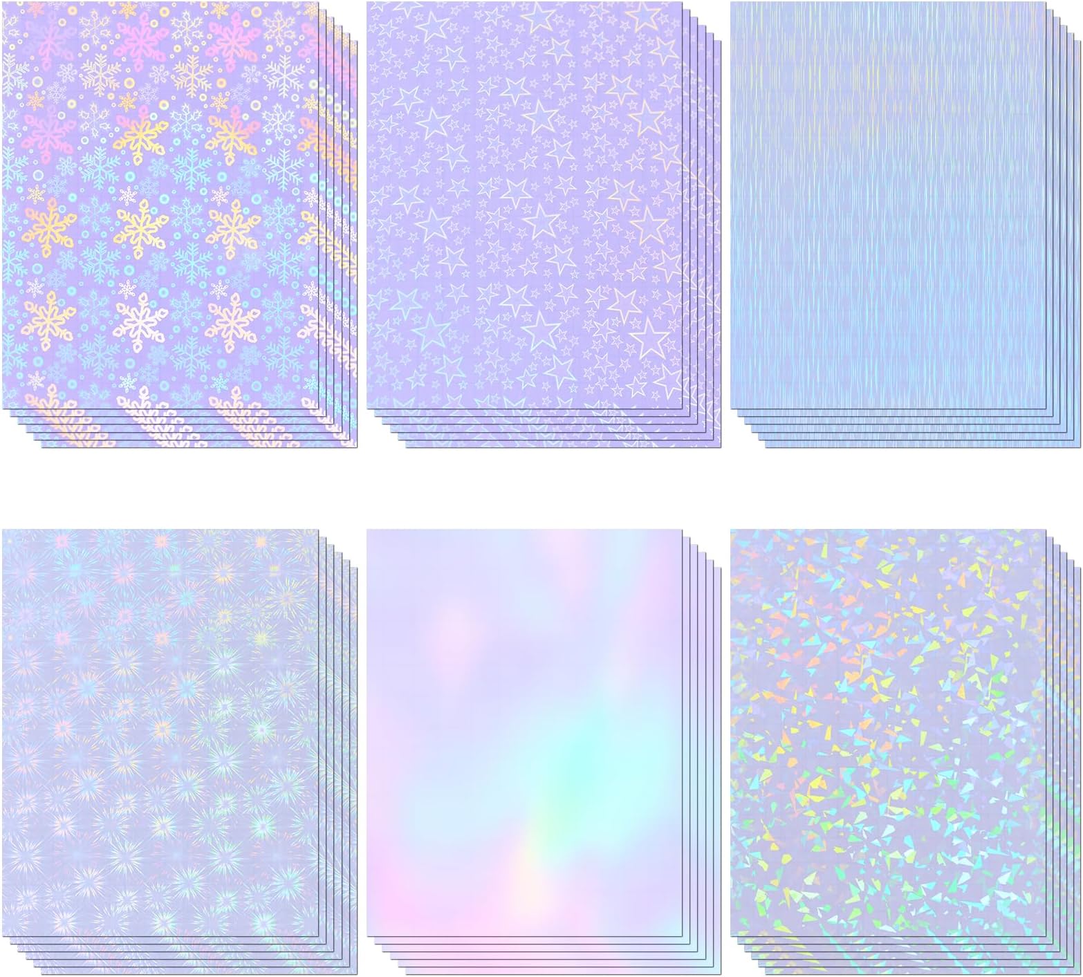 36 Sheets Holographic Sticker Paper, Clear Vinyl Laminate Film for Stickers Waterproof, Transparent Overlay Lamination Sticker Paper Self-Adhesive, 6 Patterns-8.5x11 Inch