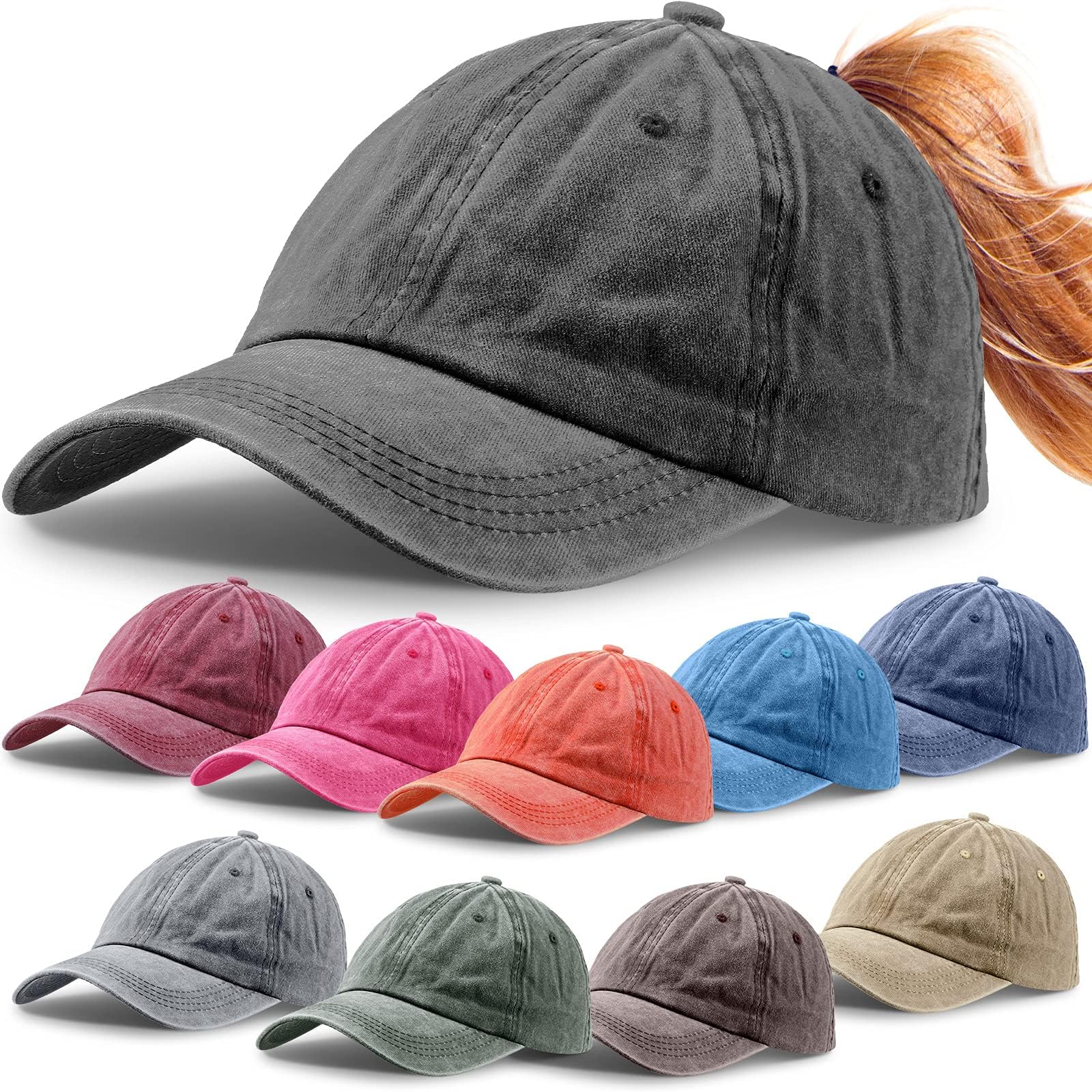 Women's Distressed Baseball Cap, 10 Colors Adjustable Twill Hat for High Ponytail or Messy Bun, Outdoor Sport