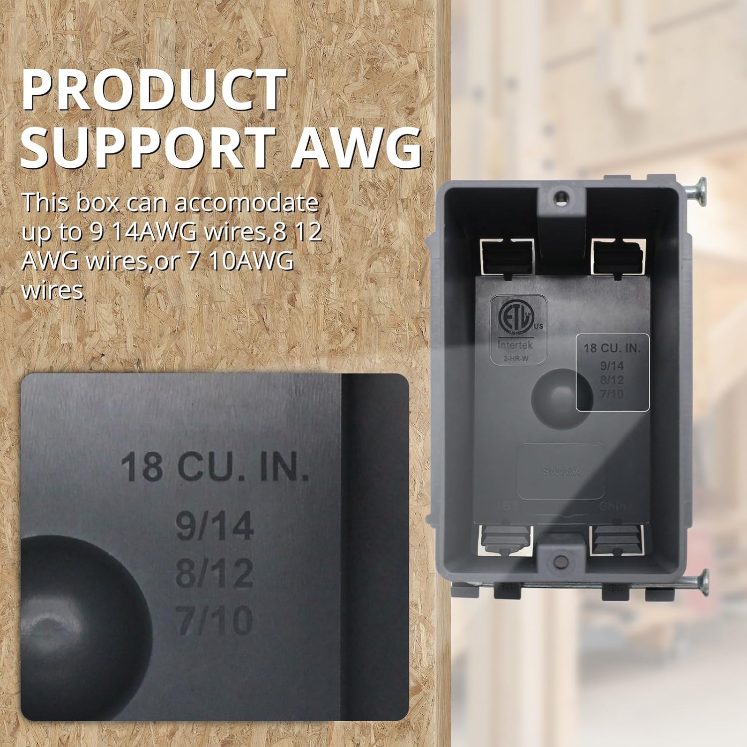 New Work Electrical Box, 1-Gang 18 cu. in. Nail-On Grey PVC Outlet Box, ETL Listed (Conforms to UL 514C), for Residential & Commercial Switch/Outlet Installation