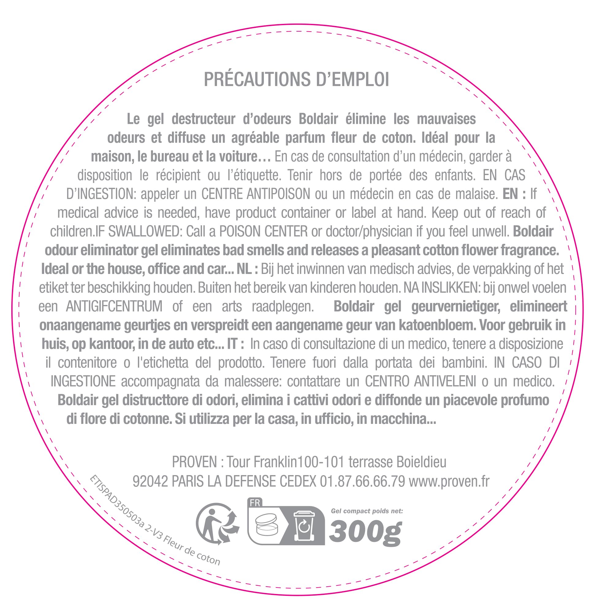 BOLDAIR Destructeur d'Odeurs en Gel Fleur de Coton 300 g