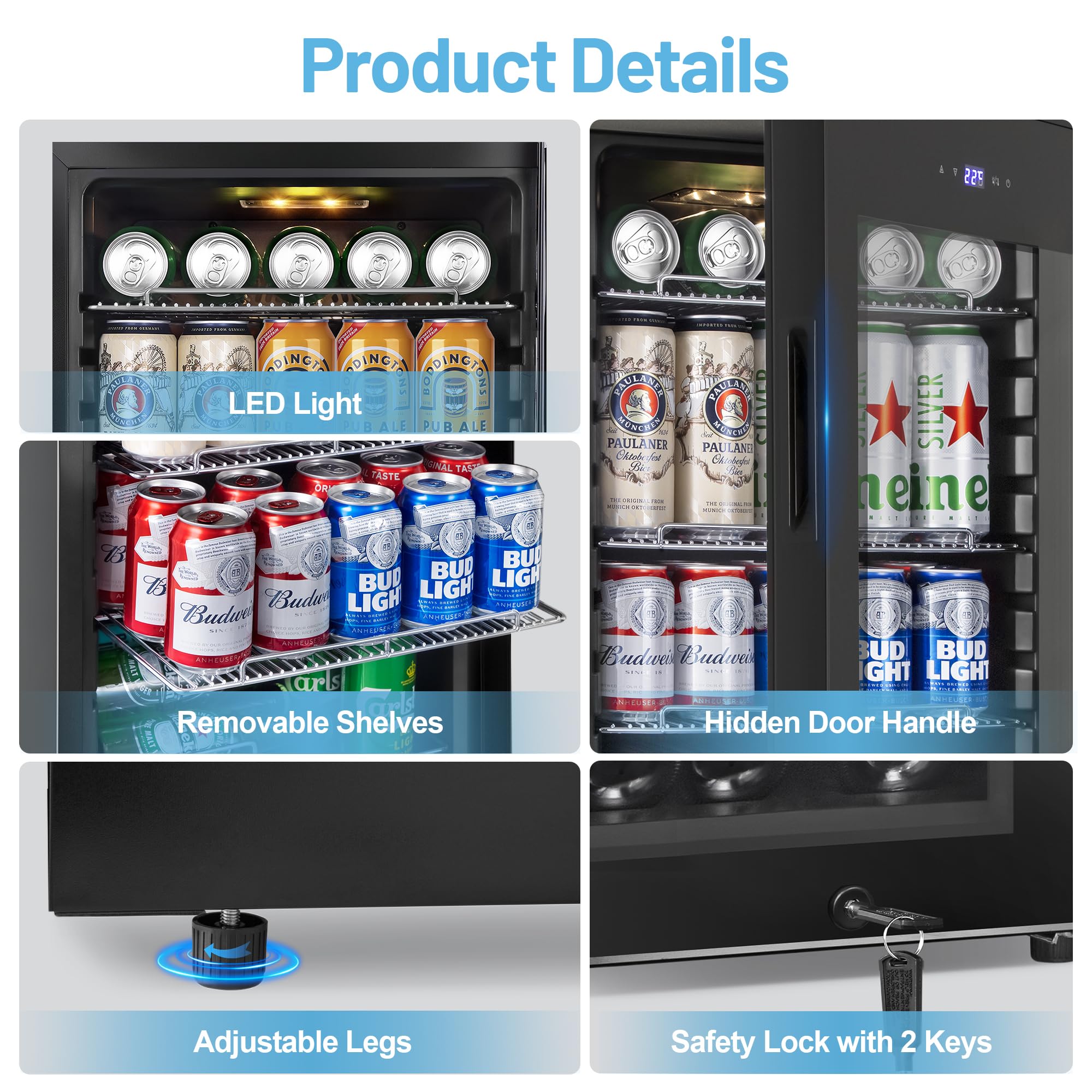 Refrigerador de bebidas, 17 pulgadas, 120 latas, mini refrigerador independiente con puerta de vidrio, estantes ajustables y luz LED, nevera pequeña para bebidas, nevera de cerveza para dormitorio 6