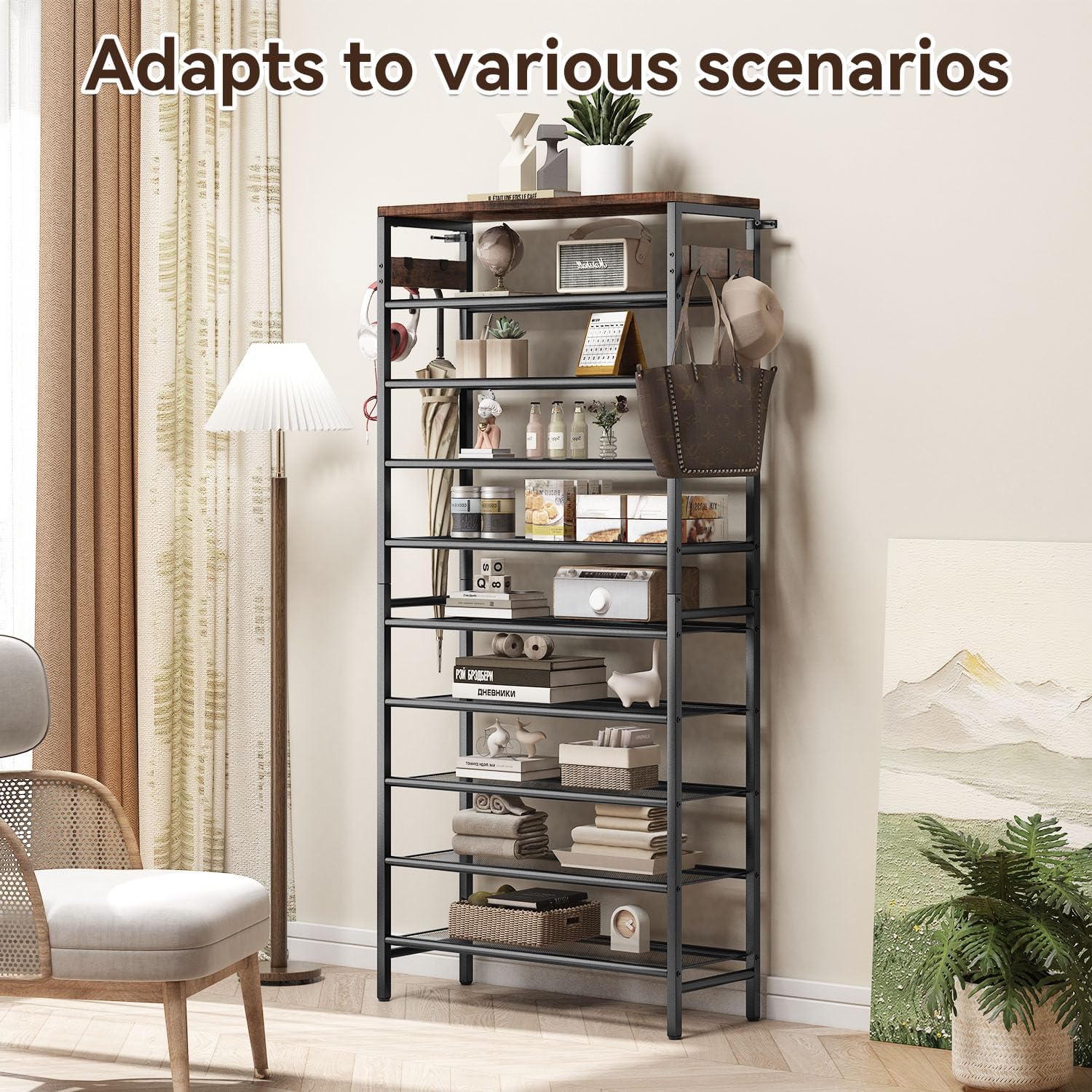 Shoe Rack 10-Tier Shoe Organizer with Hooks Metal Frame Shoe Storage Large Capacity 29.5" L Sturdy Shoe Racks for Entryway Hallway Closet Rustic Brown and Black