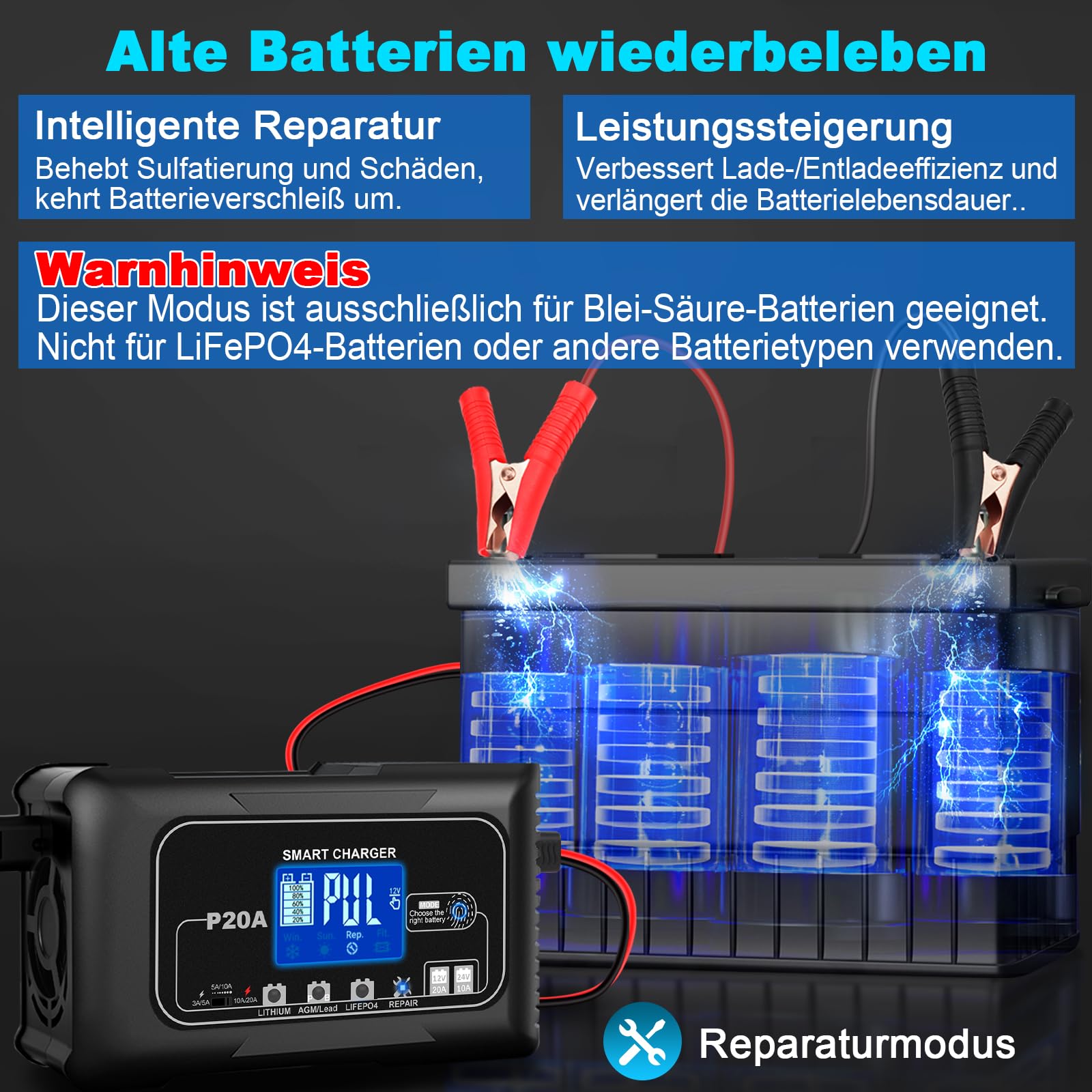 20A Autobatterie Ladegerät 12V/24V mit Ladegerät für LiFePO4 & Blei-Säure-Batterien (AGM, Gel, MF, EFB, SLA usw), Erhaltungsladung, Desulfator, LCD-Display für Auto, Motorrad, Boot, Rasenmäher